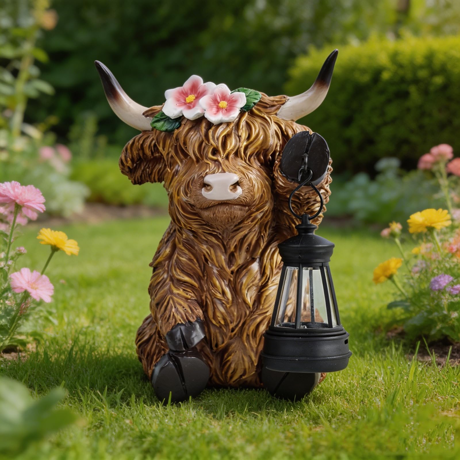Highland Cow Solar Garden Lantern with Lantern & Welcome Sign Resin Outdoor Highland Cow Ornament Waterproof Solar Garden Decor for Patio Lawn Porch Yard (Brown A)
