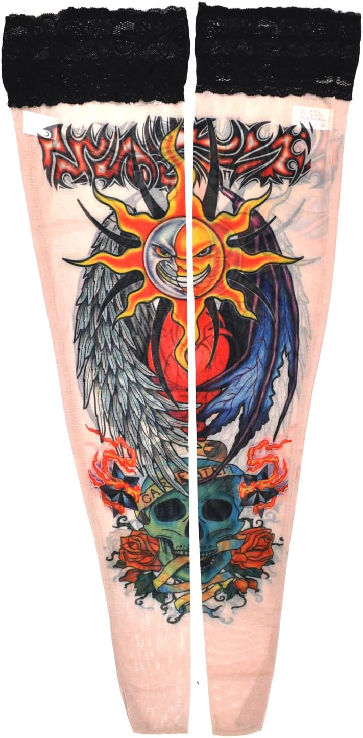Women's Fake Tattoo Hold Ups Stockings - Evil Sun & Moon (TS18)