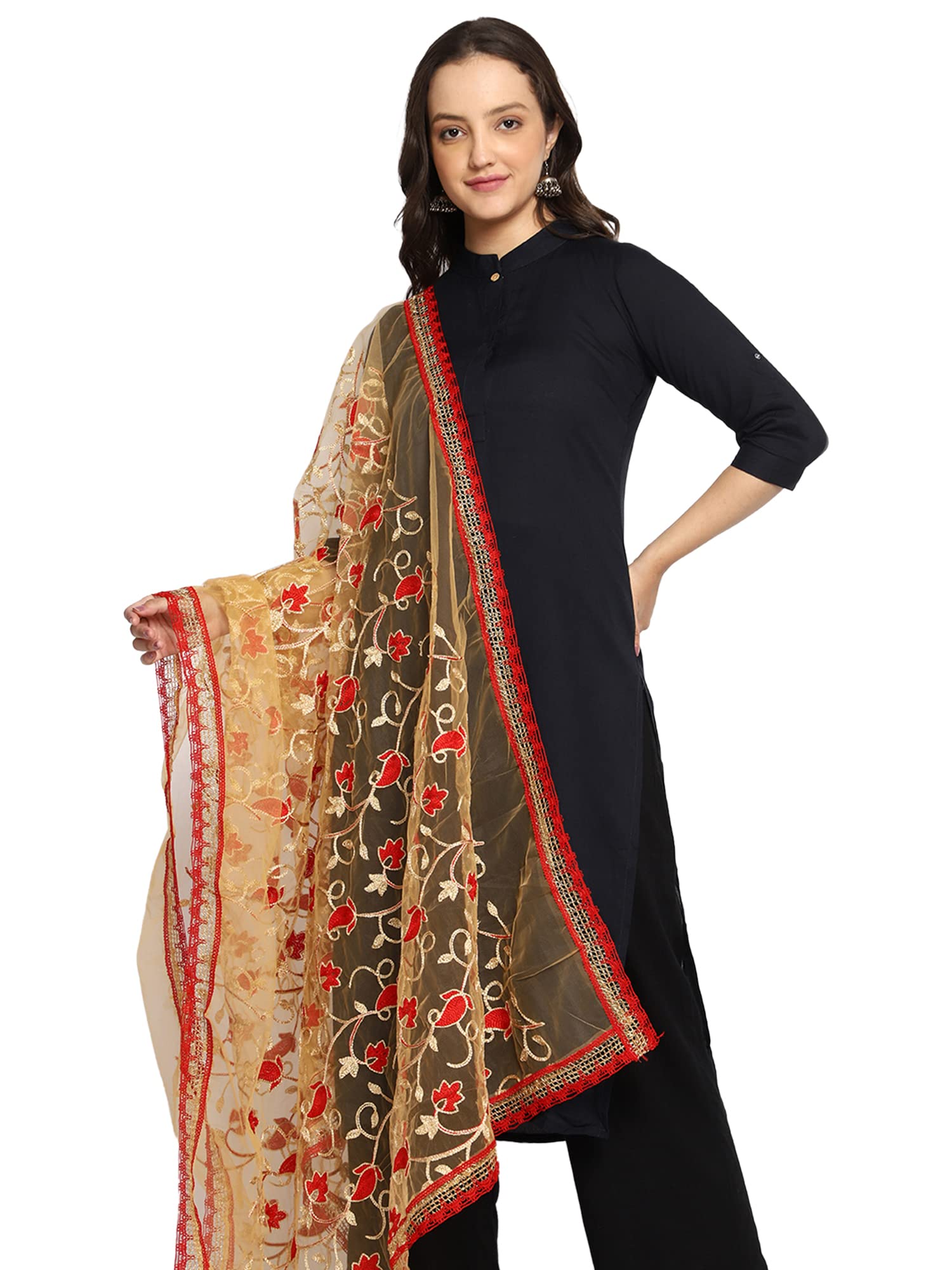 Weavers Villa Women's Net Floral Embroided Red Dupatta, Chunni, 2.25 Mtrs