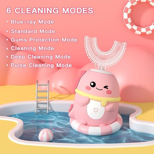 Miniatura 3 de JIANLEJIA Cepillo de dientes eléctrico en forma de U para niños pequeños con 5 cabezales de cepillo, cepillos de dientes ultrasónicos de dinosaurio