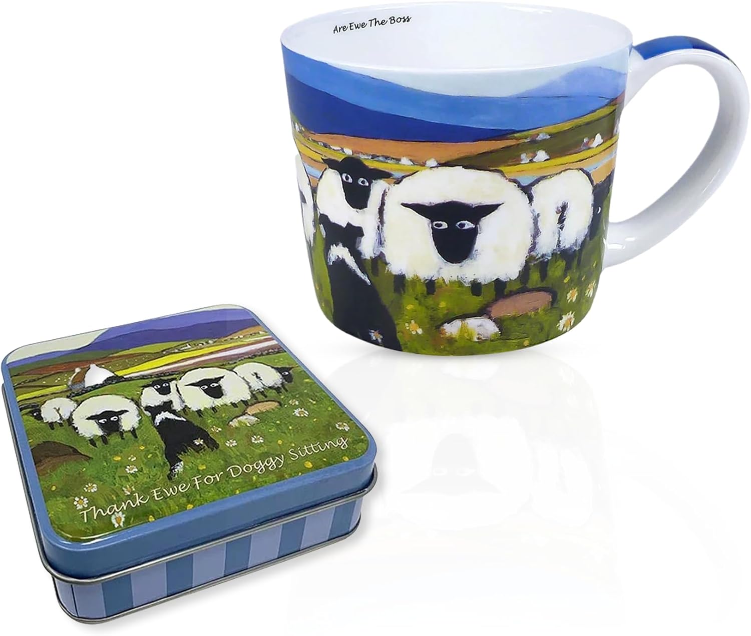 Thomas Joseph Set Ceramic Coffee Mug Sheep Animal Print - Sweets Tin Fudge Reusable Box Irish Fudge 3.52 Oz (Doggy Sitting)
