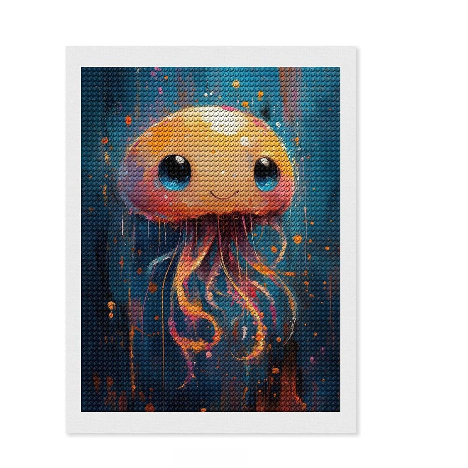 Junmoney Cute Jellyfish Painting Diamond Style Art Kit 12"x16", Round Gems, Mindful Craft Project, Thoughtful Present, Aesthetic Room Decor