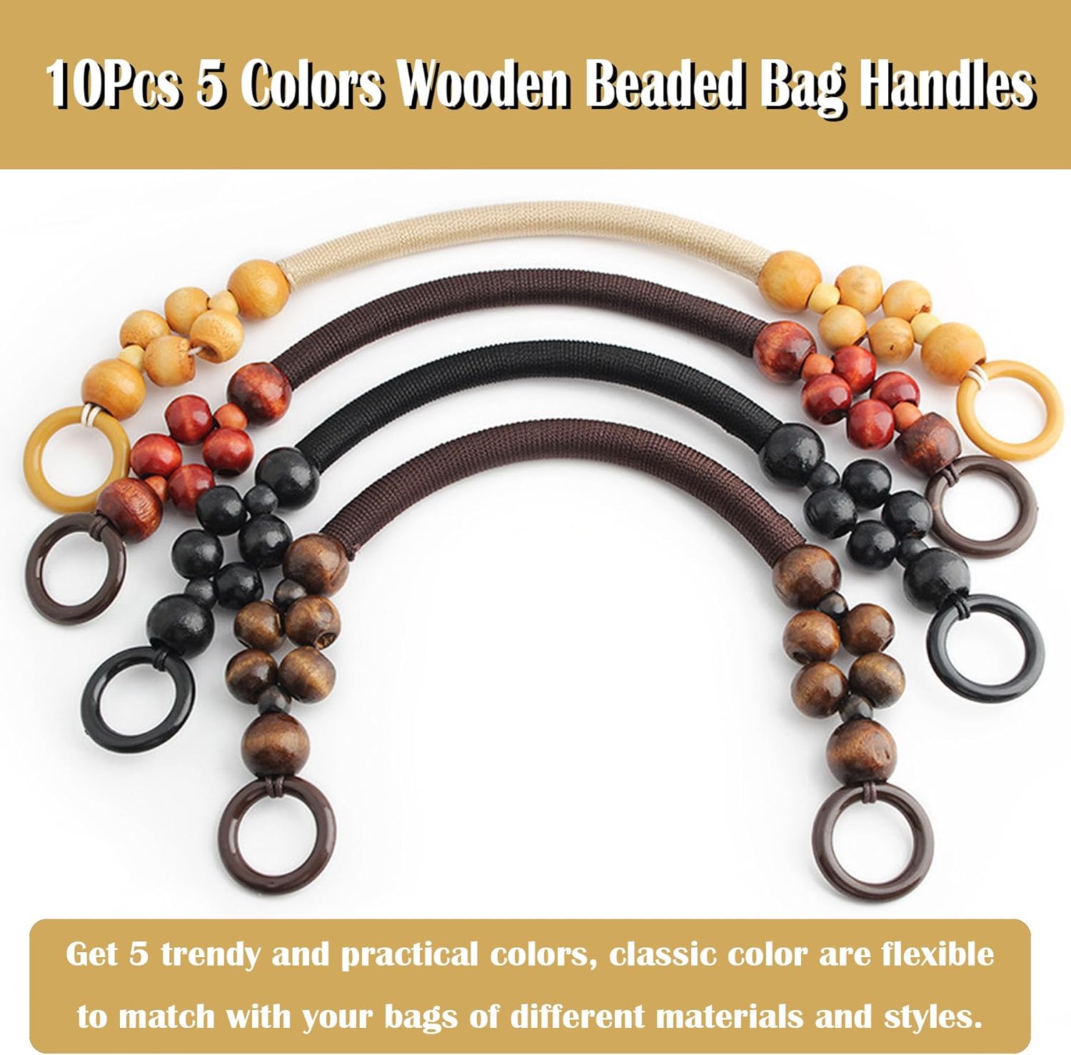 Wooden Beaded Bag Handles, 10 Pcs 5 Colors Nylon Rope Straps for DIY Crochet Bag Making, U-Shape, 18.5 Inch - Image 4