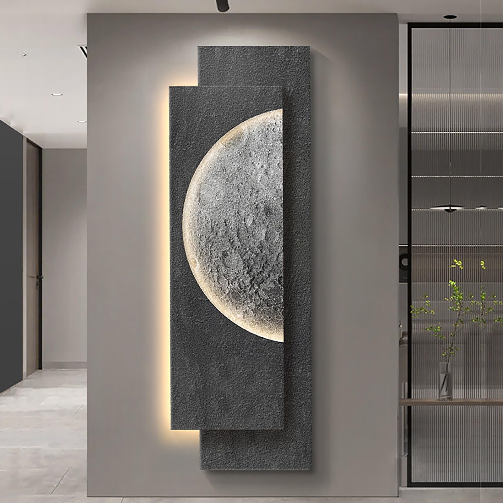 ZCQMSCWW Minimalist 3D Moon Wall Art with LED Light, Sandstone Texture Sculptural Painting for Entryway, Modern Wabi-Sabi Decor for Living Room & Bedroom(F,40 * 120cm/15.7 * 47.2in)