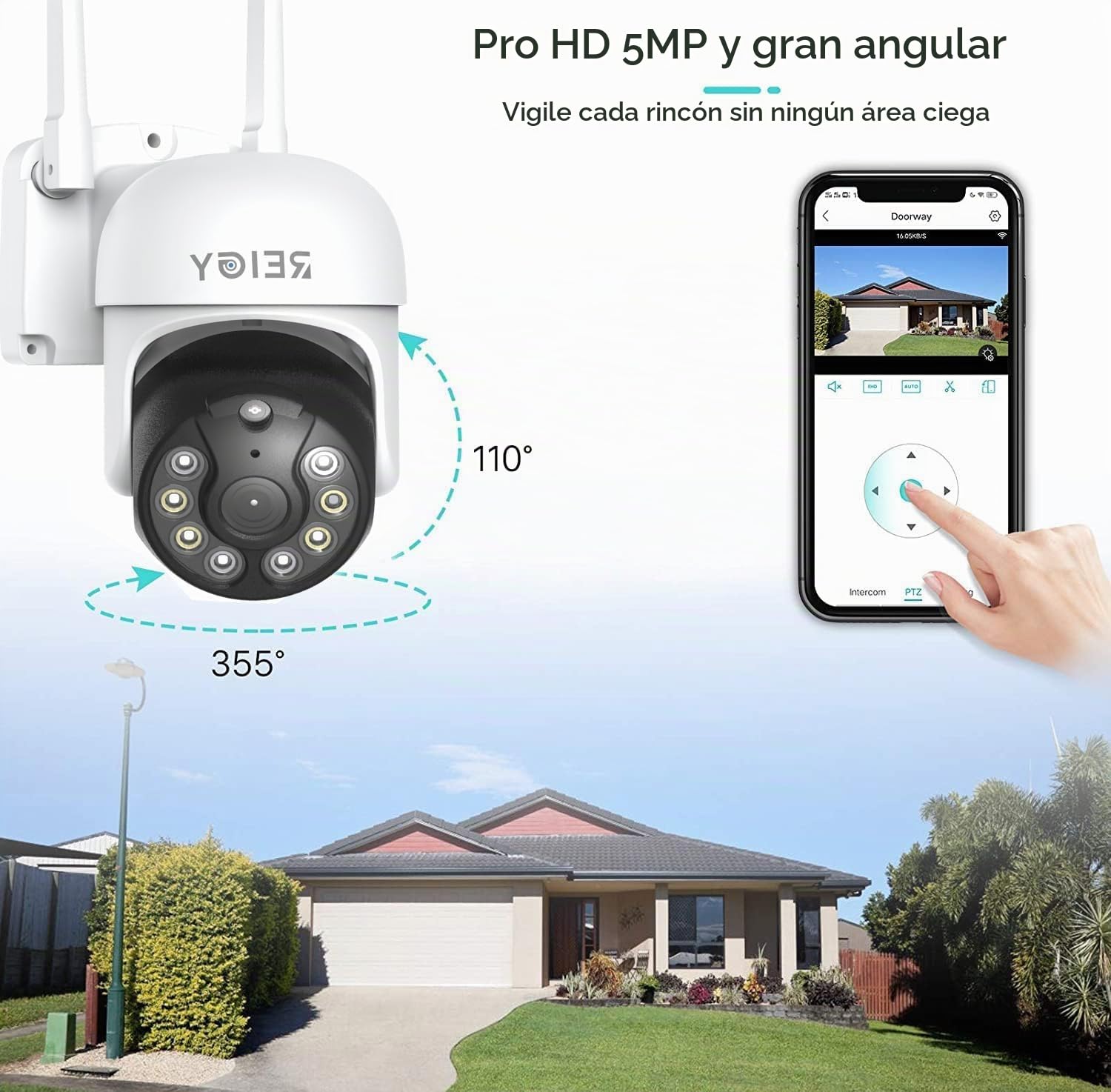 REIGY 10CH 5MP Sistema de Seguridad WiFi Exterior 2TB HDD, Kit Camara de Vigilancia IP, 4X 1920P Camara(2X PT CAM), Visión Nocturna Colorida Detección Movimiento Audio Bidirectionnel