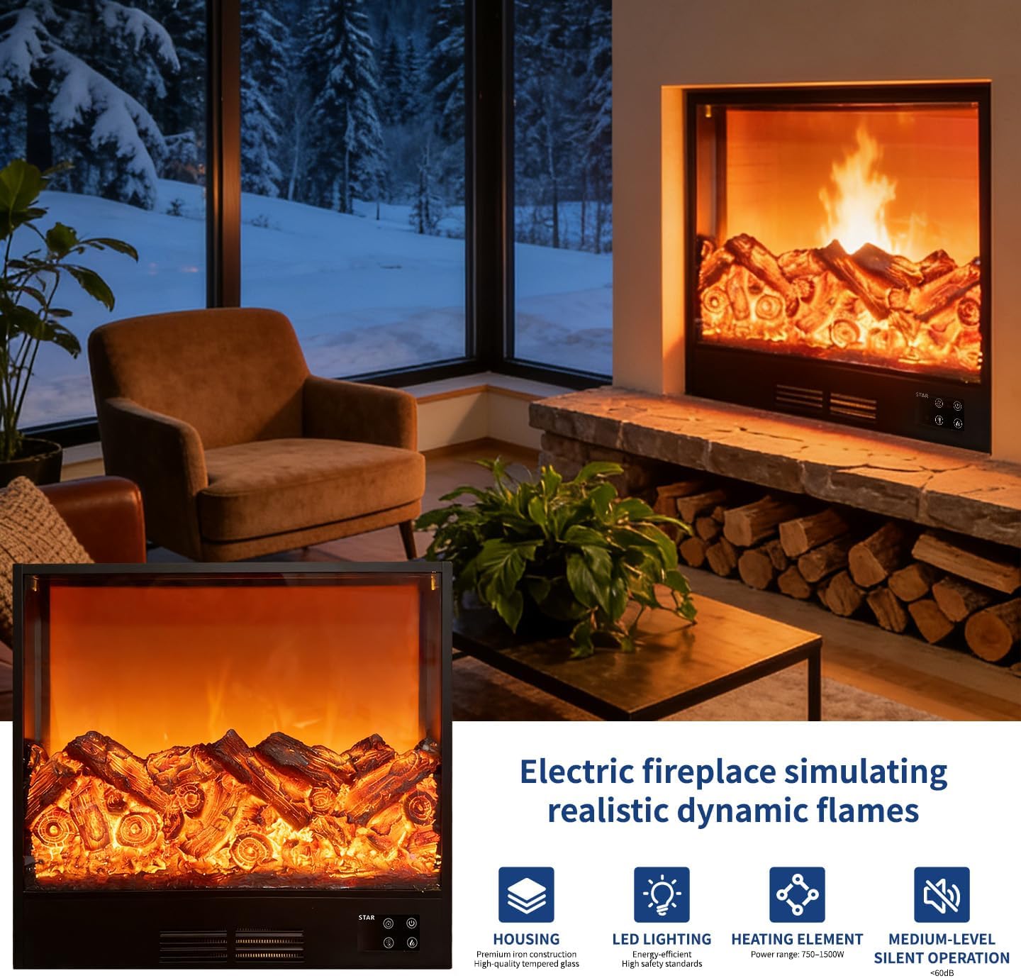 21 Electric Fireplace Insert, Fireplace Heater with Remote Control, Realistic Flame & 5-Level Dynamic Brightness, Overheat Protection, Supports Scheduled Shutdown and Heating Level Adjustment, 1500W