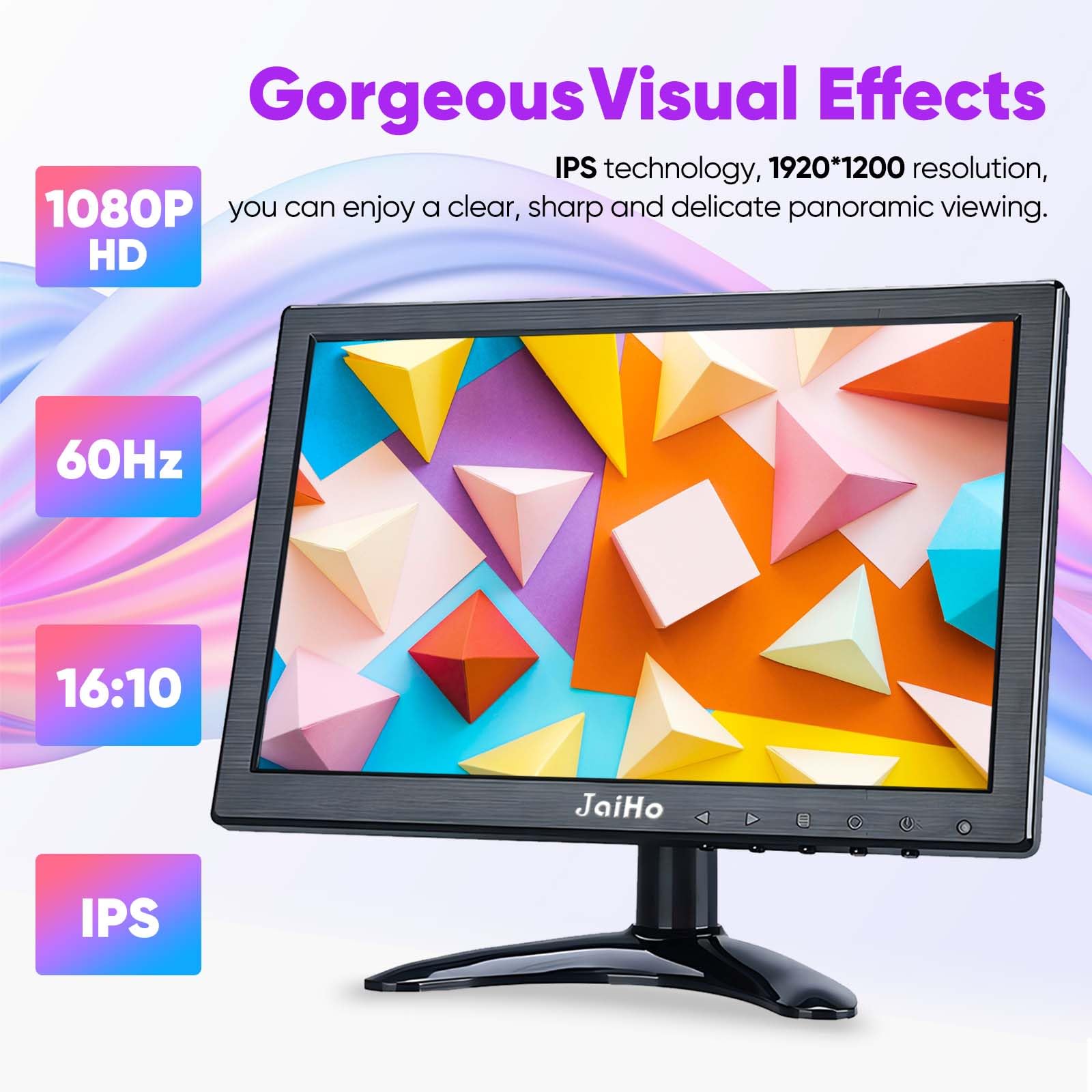 JaiHo Wyświetlacz 10,1 cala IPS kąt widzenia 180 stopni, 1920 x 1200 Full HD mini monitor PC HDMI VGA 16:10 przenośny drugi monitor do laptopa Raspberry Pi, mały ekran LCD samochód ciężarówka