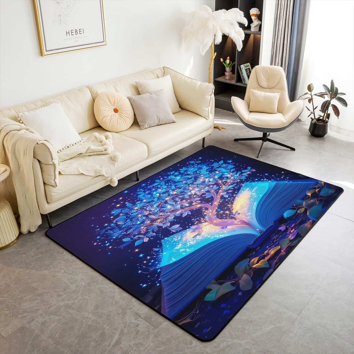 Feelyou Beautiful Scene Living Room Rugs Area Rug 5x7 Starry Tree Accent Rug Dreamy Indoor Floor Mat 3D Book Print Decorative Rug Bright Blue Doormats Floor Mat