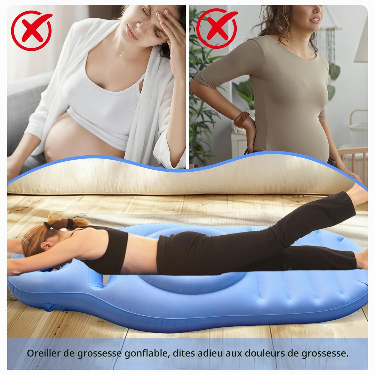 Coussin Gonflable de Grossesse, Tapis de Yoga pour Femmes Enceintes avec Trou pour Le Ventre, Matelas Gonflable Floqué Confortable pour Sommeil et Détente