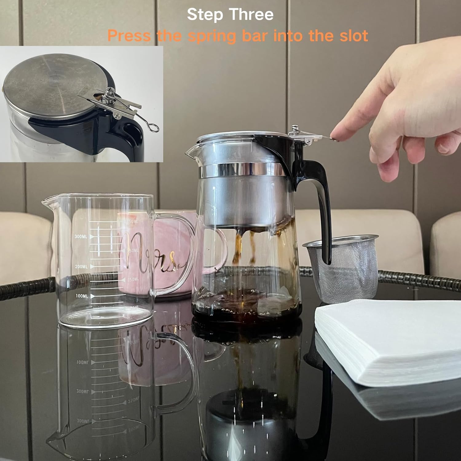 Pour Over Coffee Maker Set, 304 Stainless Steel Coffee Dripper with On/Off Switch, Borosilicate Glass Small Coffee Pot, 50 Filter Papers, Multi-Functional Immersion Drip Cafe Brewer Machine (1, 250ml)