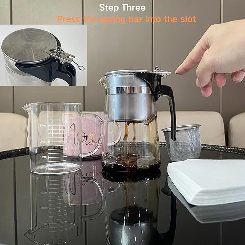 Miniatura 4 de Juego de cafetera de acero inoxidable 304 con interruptor de encendidoapagado, cafetera pequeña de vidrio borosilicato, 50 papeles de filtro,