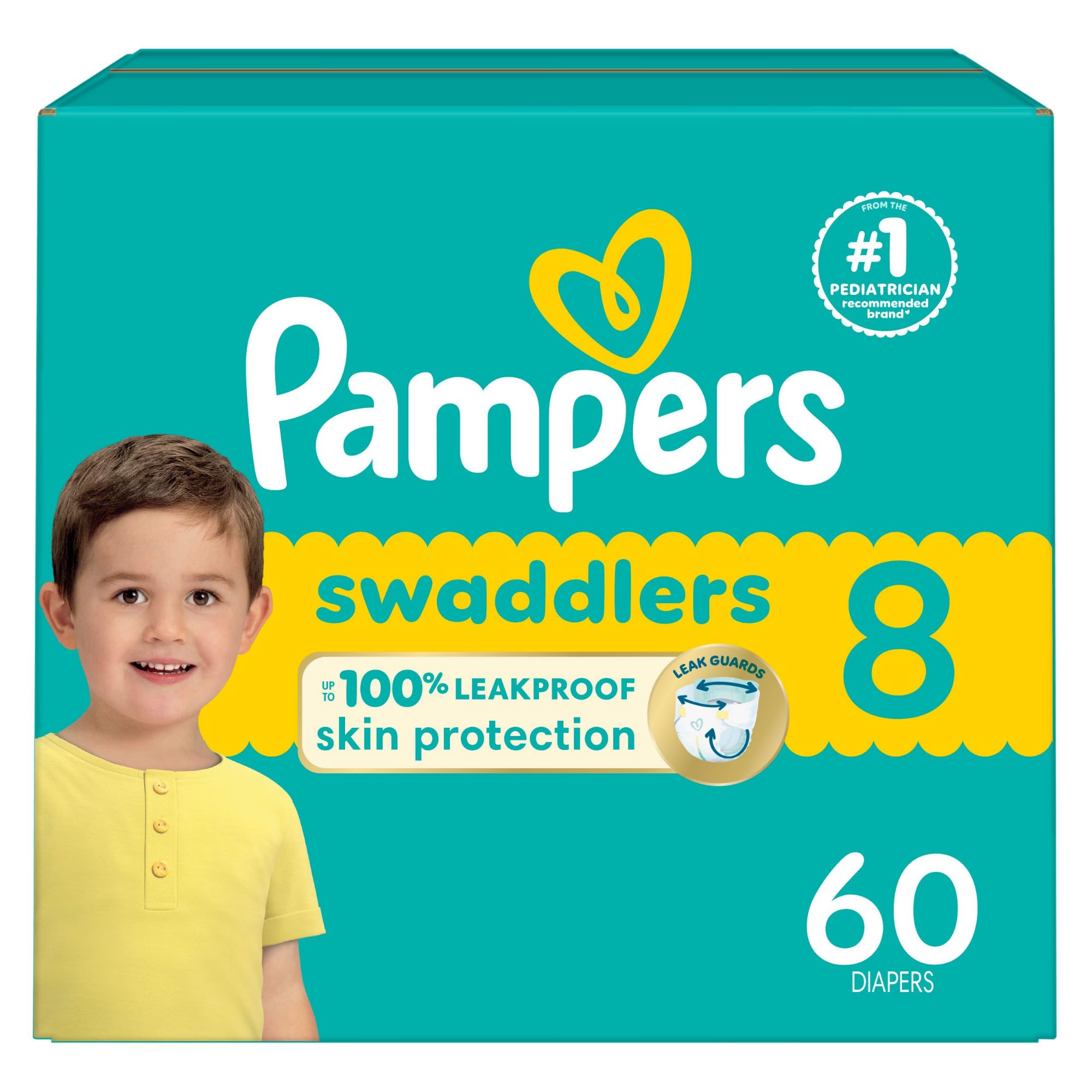 PampersSwaddlers Diapers, Size 8 (30+ lbs), 60 Count, Absorbent, Keeps Baby Dry and Comfortable, Skin Safe Disposable Baby Diaper (Packaging May Vary)