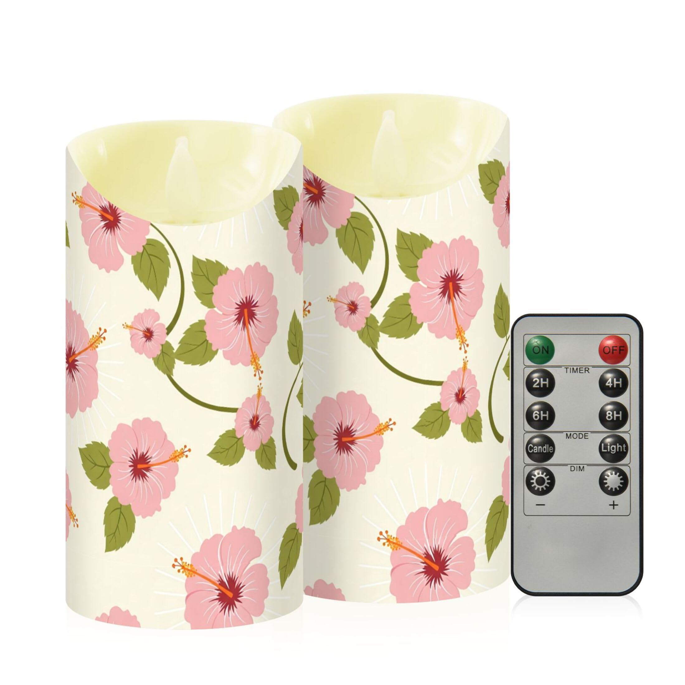 Fuauuyl Hibiscus LED Flameless Candles Flickering Plastic Pillar Candles Battery Operated Votive Candle with Remote Control and Timer, Home Decoration 2 Pack