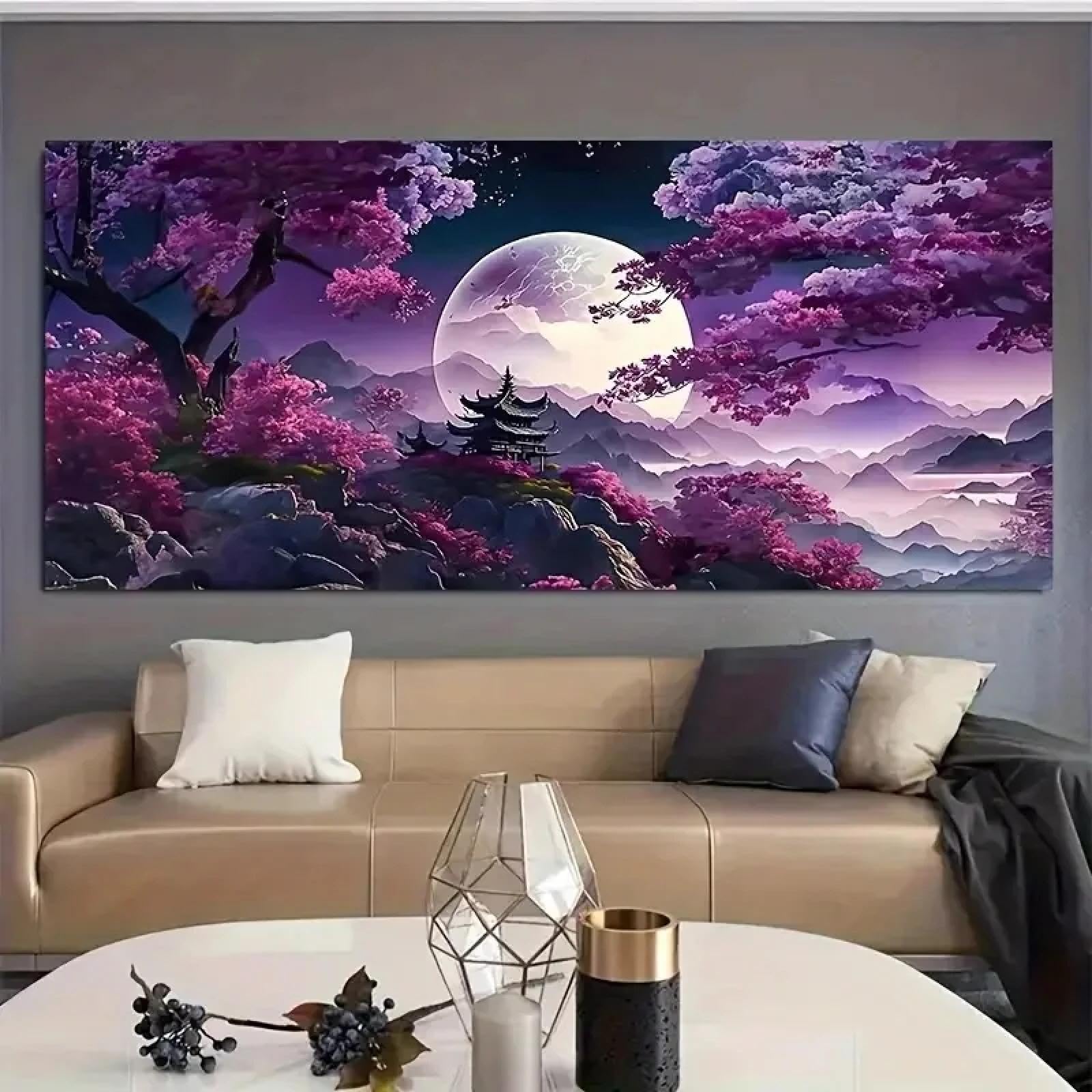 lianyibo 1pc Painting Modern Abstract Mountain Water Print Painting Wall Art Purple Background Moon Tree Poster Living Room Decor 90x180cm Frameless