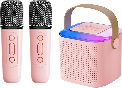 Mini máquina de karaoke para adultos y niños, altavoz Bluetooth portátil con 2 micrófonos inalámbricos, luces LED, regalos de karaoke para niñas y