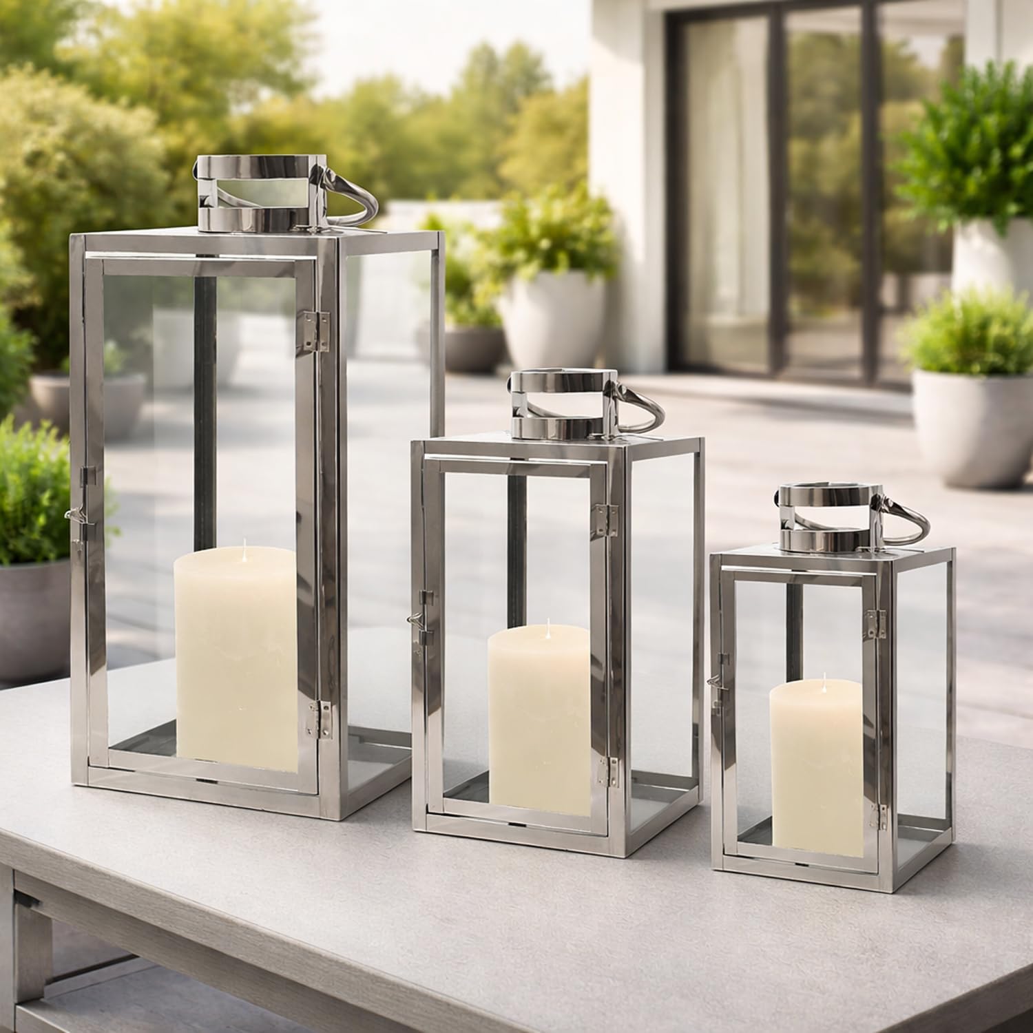 3a lanterna da giardino acciaio inox vento luce vetro 30/40/53 cm argento