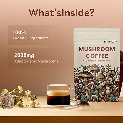 Miniatura 4 de Margxo Café de hongos, mezcla de extracto de 10 hongos, 6.35 onzas, 30 porciones, contiene leche de coco