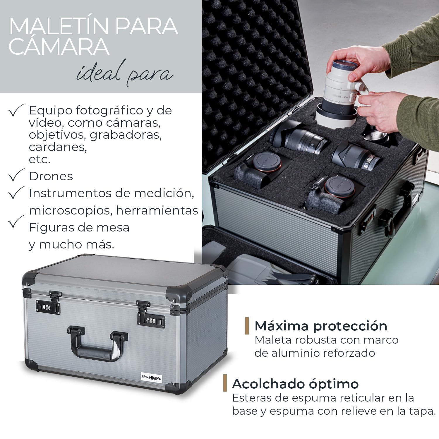 HMF 14412-02 Maletín fotográfico de Aluminio, maletín para miniaturas con Espuma precortada | 46 x 33 x 26 cm