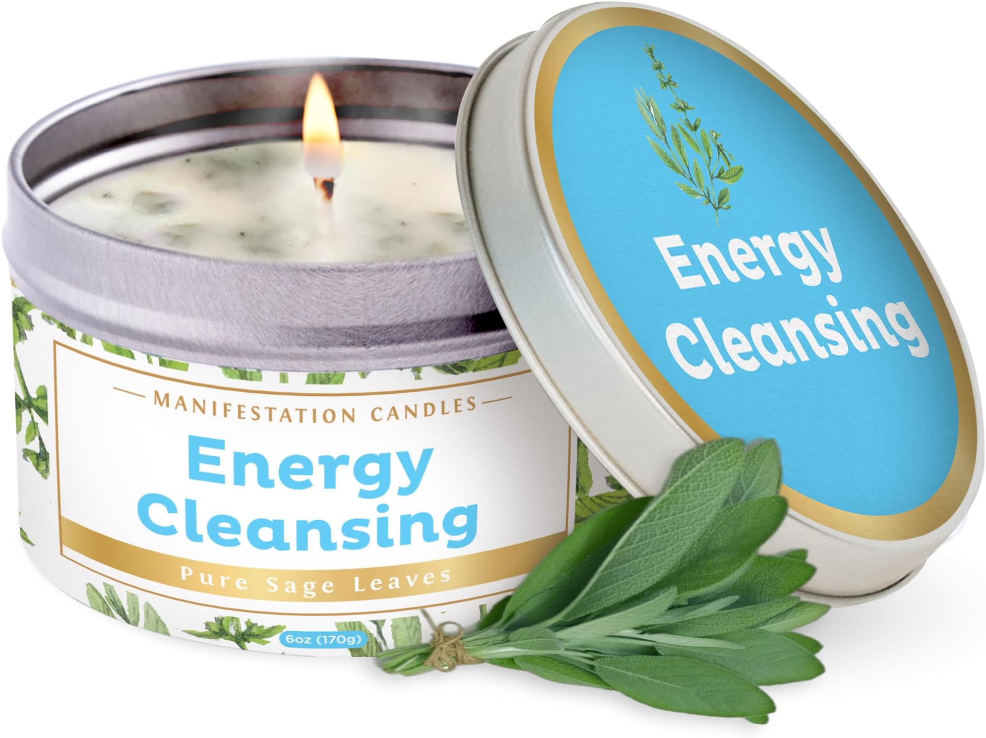 MANIFESTATION CANDLE White Sage Leaf & Scent, Smudge Candle for House Energy Cleansing, Banishes Negative Energy I Purification and Chakra Healing - Natural Soy Wax Tin for Aromatherapy 6 oz