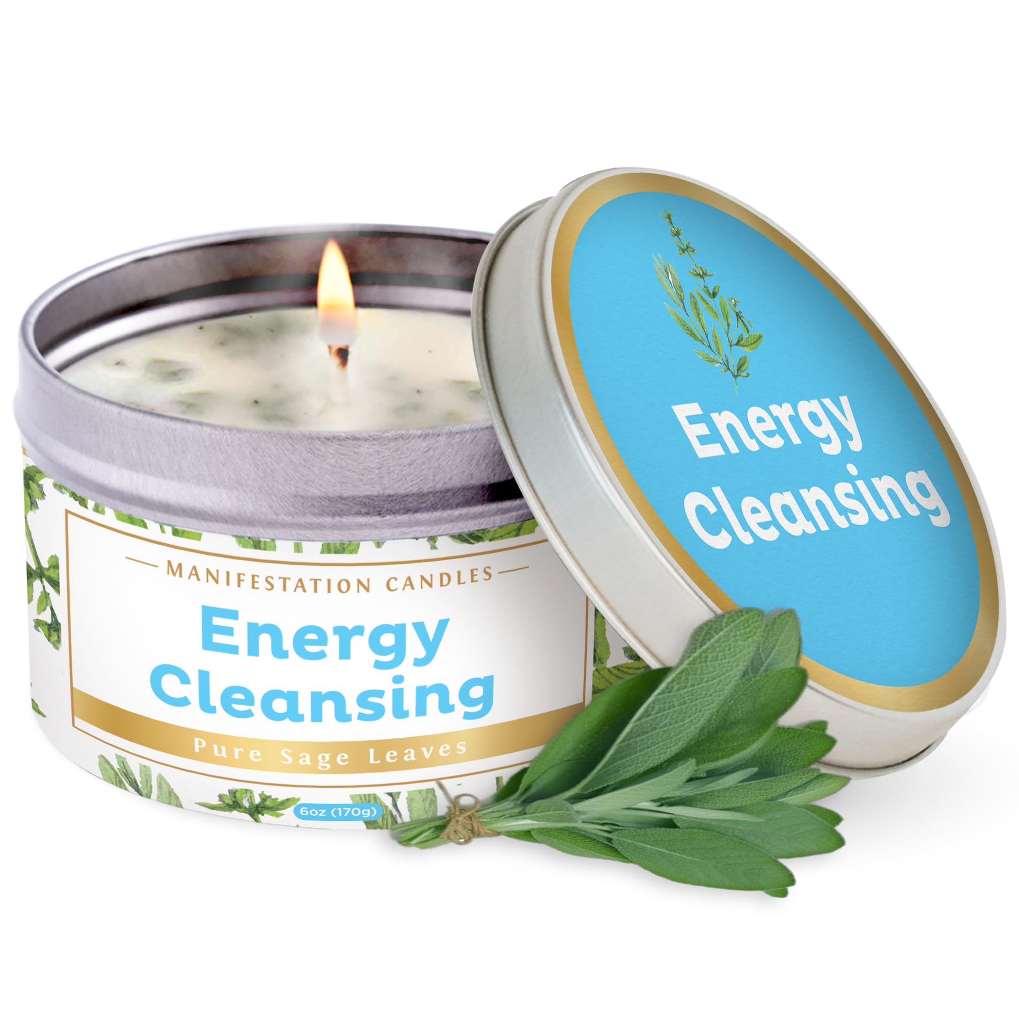 MANIFESTATION CANDLE White Sage Leaf & Scent, Smudge Candle for House Energy Cleansing, Banishes Negative Energy I Purification and Chakra Healing - Natural Soy Wax Tin for Aromatherapy (Sage Leaf)