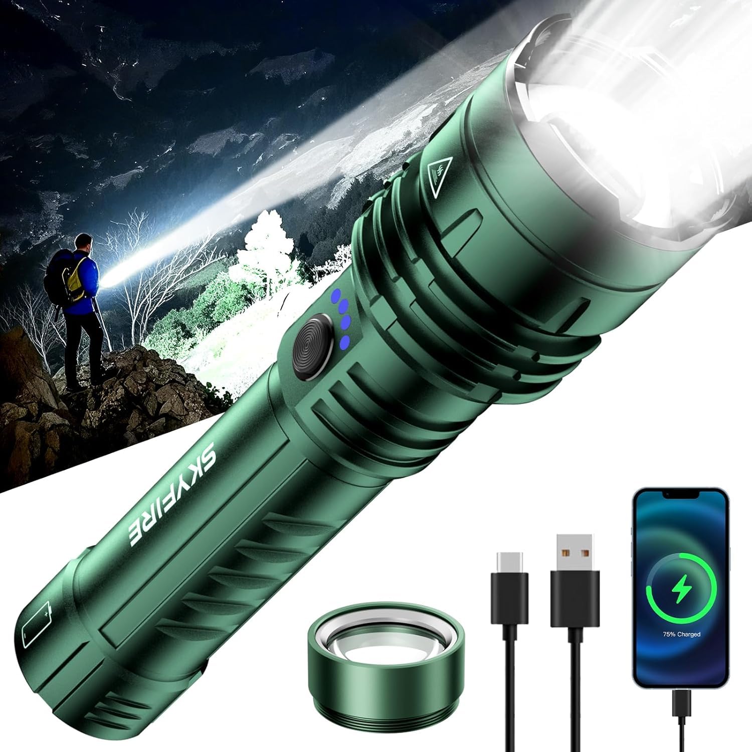 SKYFIRE LED Taschenlampe aufladbar, 2000 Lumen, 5000 mAh, Zoom, 5 Modi | 30 W, bis zu 30 Std. Laufzeit, USB-C, Powerbank, IPX6 und Zündlinse für Camping, Wandern, Pannen und Notfälle