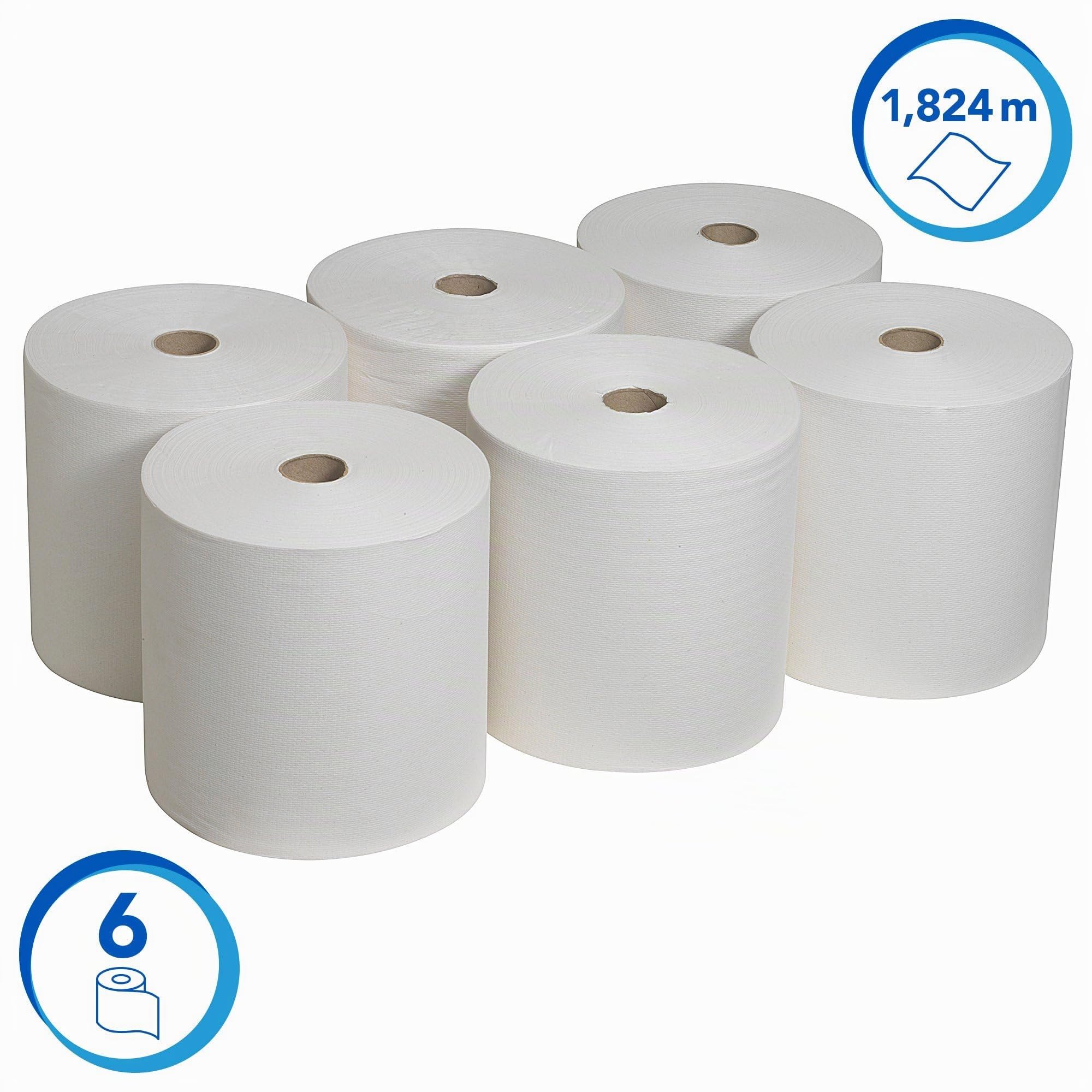 Scott gerollte Papierhandtücher 6667, 1-lagige, saugfähige und reißfeste Papierhandtuchrollen, mit FSC- und EU Ecolabel-Zertifizierung, weiße Handtücher für Spender, 6 Rollen x 304 m (1.824 m insg.)