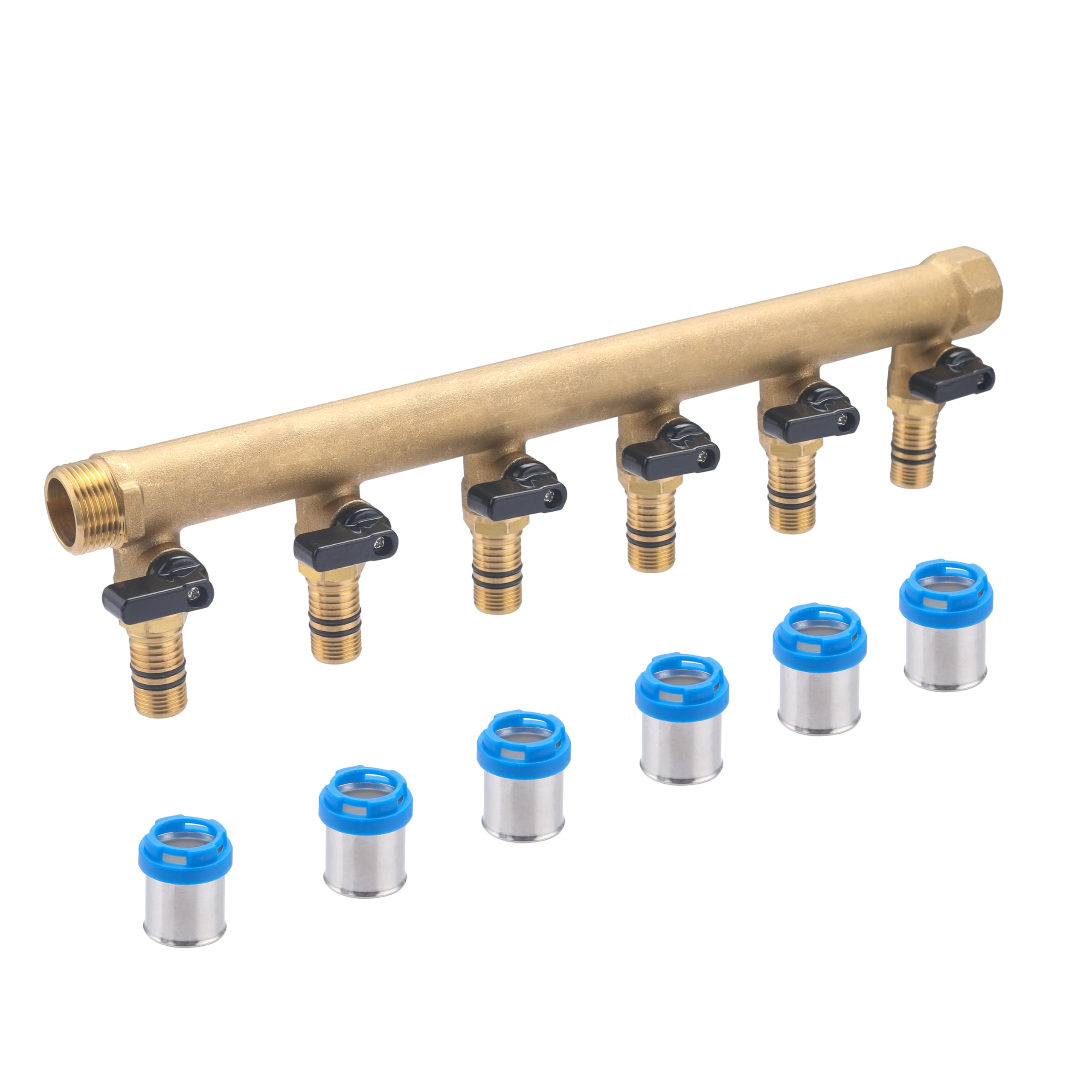Colector macho-hembra 3/4 con 6 salidas multicapa a prensar Ø20 y válvulas | Latón | Conexión segura, duradera y precisa | Ideal para fontanería | Fácil instalación | QUICK PLOMBERIE