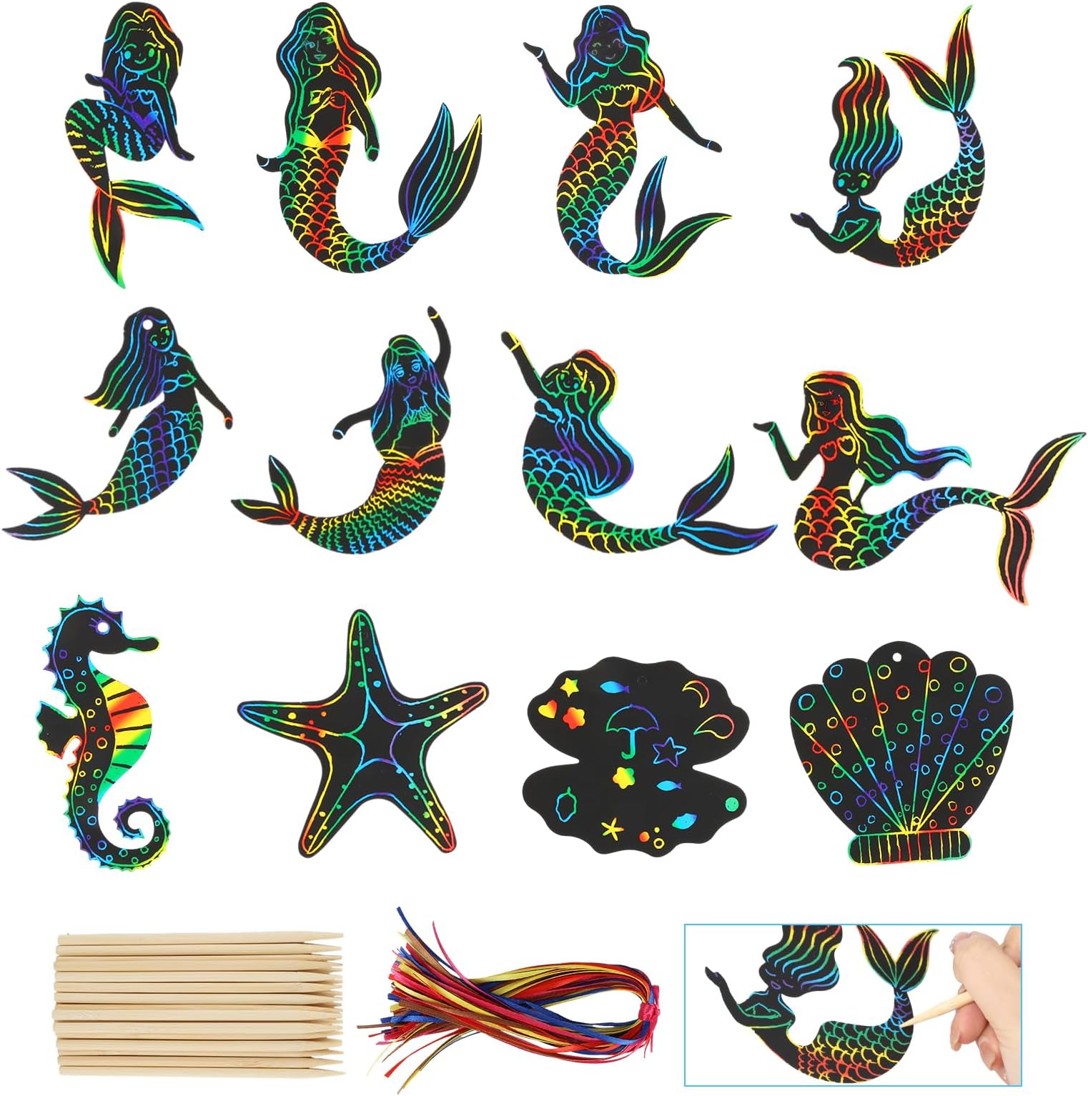 Kratzbilder Für Kinder 120 Stück - Regenbogen Scratch Painting Mit 12 Holzstiften - Kreativ-Set 8,5x8,5cm