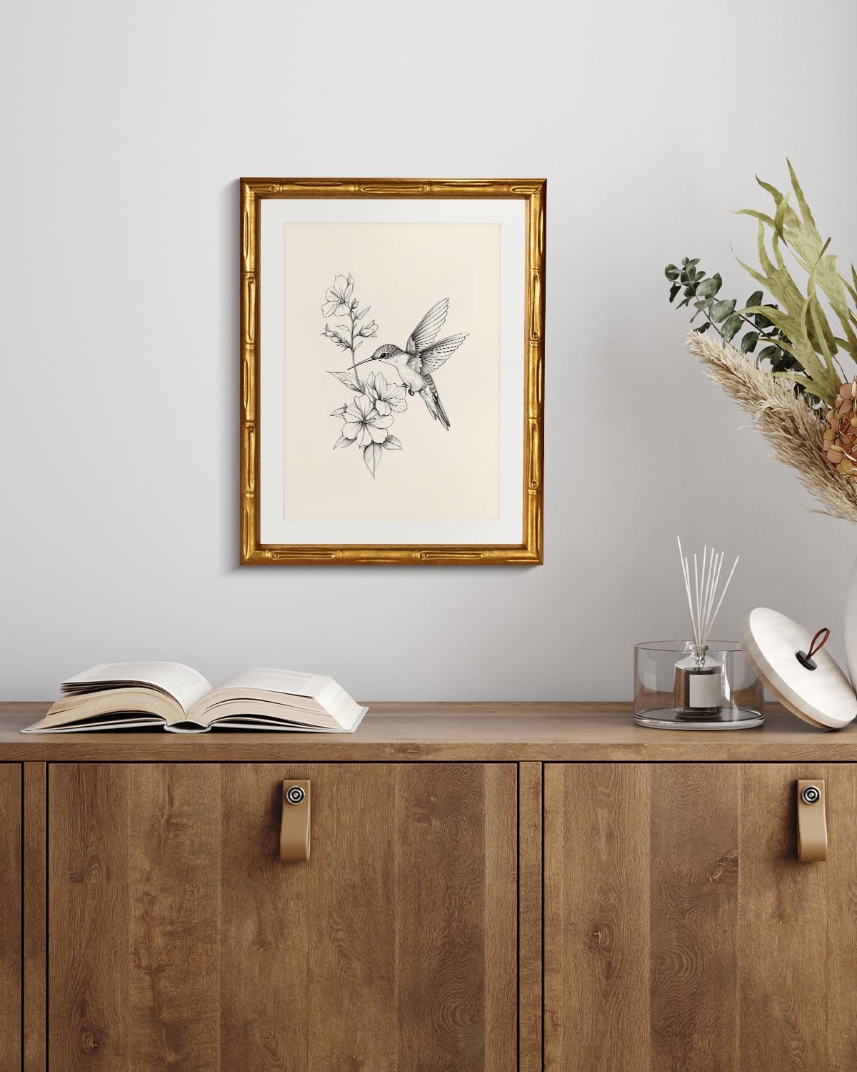 Classic Black White Hummingbird Botanical Flowers Illustration Line Wall Art, 11x14 Gold Bamboo-Textured Framed Canvas Print Floral Nature Drawing, Acrylic Cover Office Farmhouse Bedroom Decor