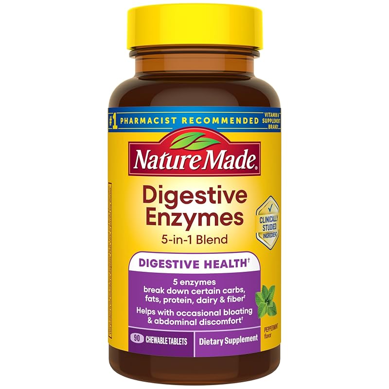 Nature Made Suplemento de Enzimas Digestivas 5 em 1, 90 comprimidos mastigáveis