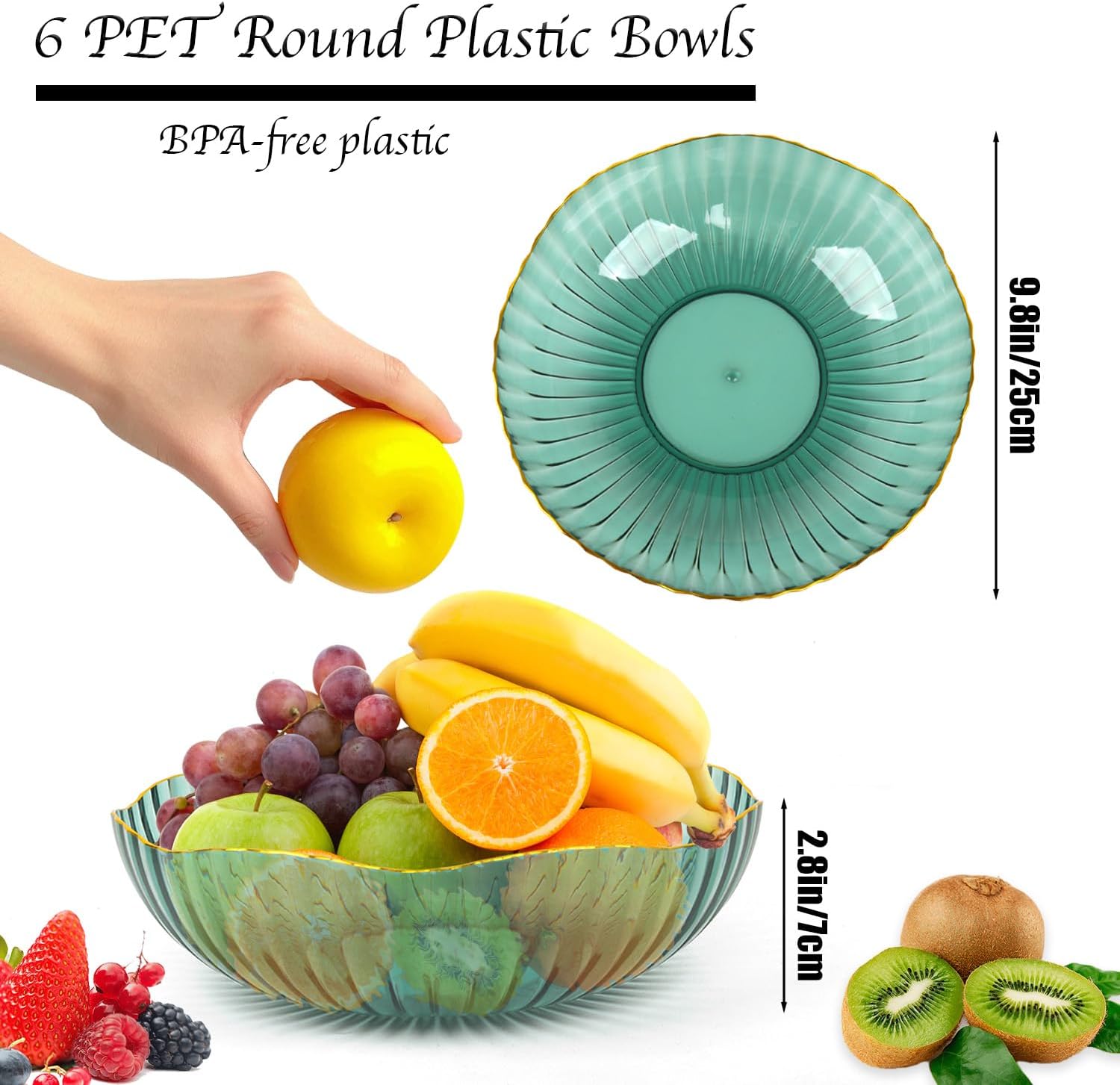 Plastic Serving Bowls, 6 Pack 74 Ounce Large Plastic Bowl Break Resistant Chip Bowl For Salad, Fruit, Popcorn, Chip And Dip, Multicolor (Clear green)