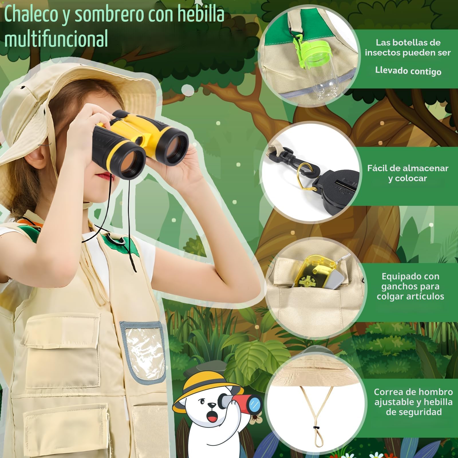MOYKSRR Kit Explorador Niños, Aire Libre Aventura Juguetes, Kit de Exploración para niños con Chaleco de Safari, Sombrero de Safari, Prismáticos, Juego de Explorador Regalo para Niños de 3 a 10
