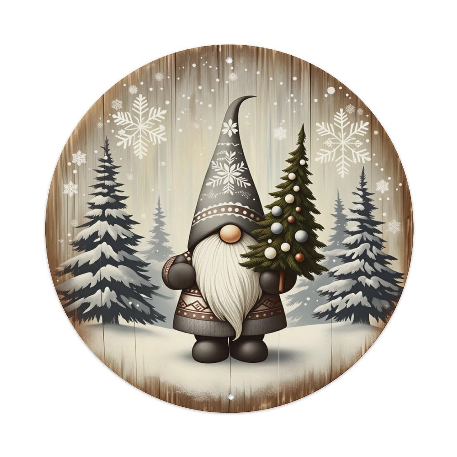 Christmas Gnome Snowflake Pine Tree Round Tin Sign Retro Metal Sign for Cafe Bar Pub Home Game Room Gym Club Wall Decoration Vintage Metal Poster 8x8 Inch