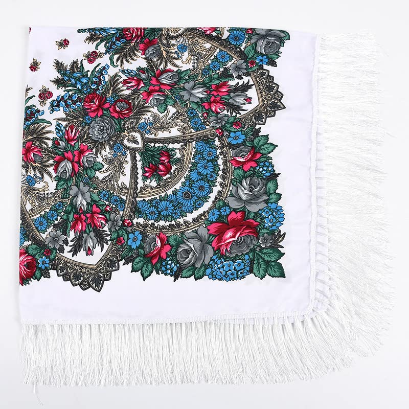 Russian Babushka Women's Scarf Shawl Wrap Oversized Traditional Retro Ukraine Style Printed tassels Square Scarfs（53inx53in)3