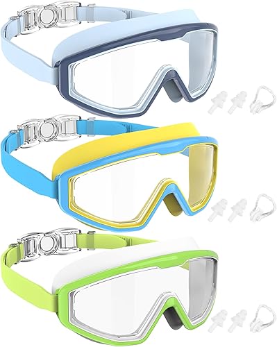 Vista 9 de NSSIW Gafas de natación para niños, antiniebla, sin fugas, con clip para la nariz, tapones para los oídos para niñas, niños y jóvenes, 6-14, paquete