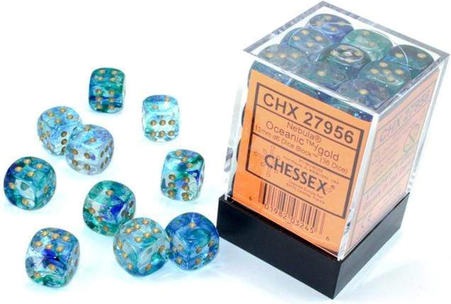 Chessex Nebula 12mm d6 Oceanic/Gold w/Luminary Dice Block (36 dice), Blue