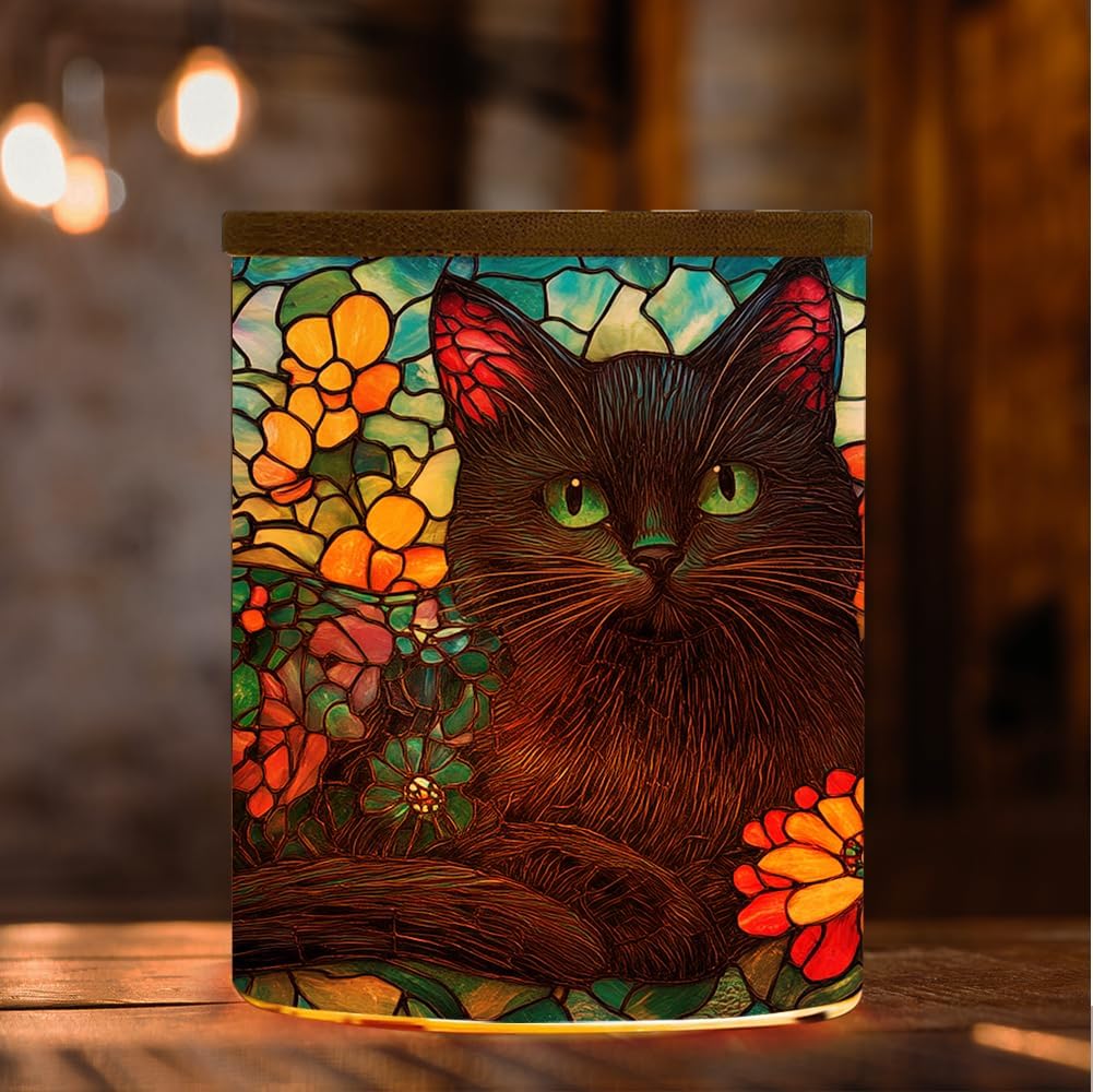 Stained Glass Black Cat Tea Light Holder Candle Jar with Battery Operated, Animal Stained Glass Memorial Candle Holder Sympathy Tealight Holder, Full Wrap Tealight Candle Jar for Home Decor