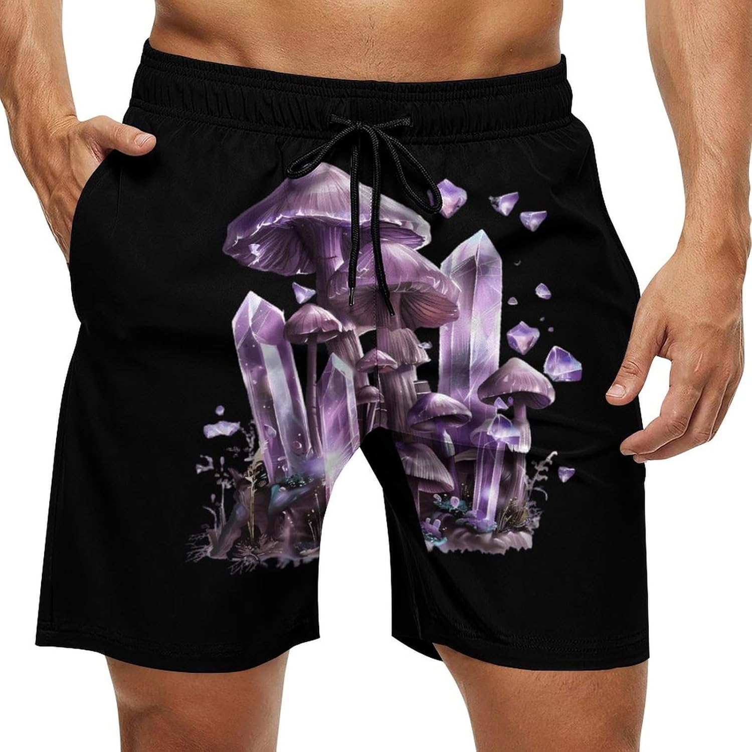 Witchy Magical Crystals Boho Mushroom Casual Men's Swim Trunks Novelty Summer Beach Shorts Swimwear with Pocket