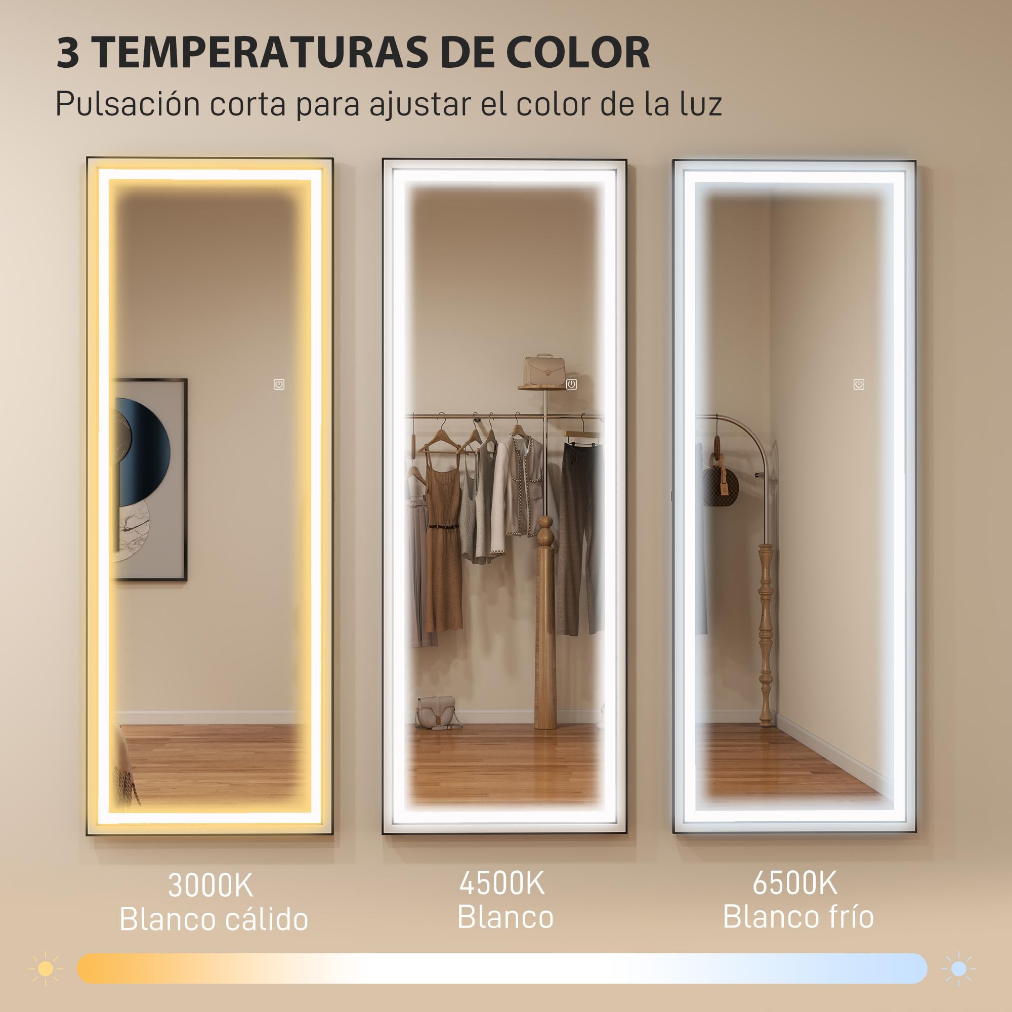 HOMCOM Espejo de Pie Cuerpo Entero con Luces, 165x60 cm, Espejo de Cuerpo Entero, 3 Temperaturas de Color, Brillo Ajustable, Independiente, Apoyado y de Pared, para Dormitorio, Salón, Blanco y Negro