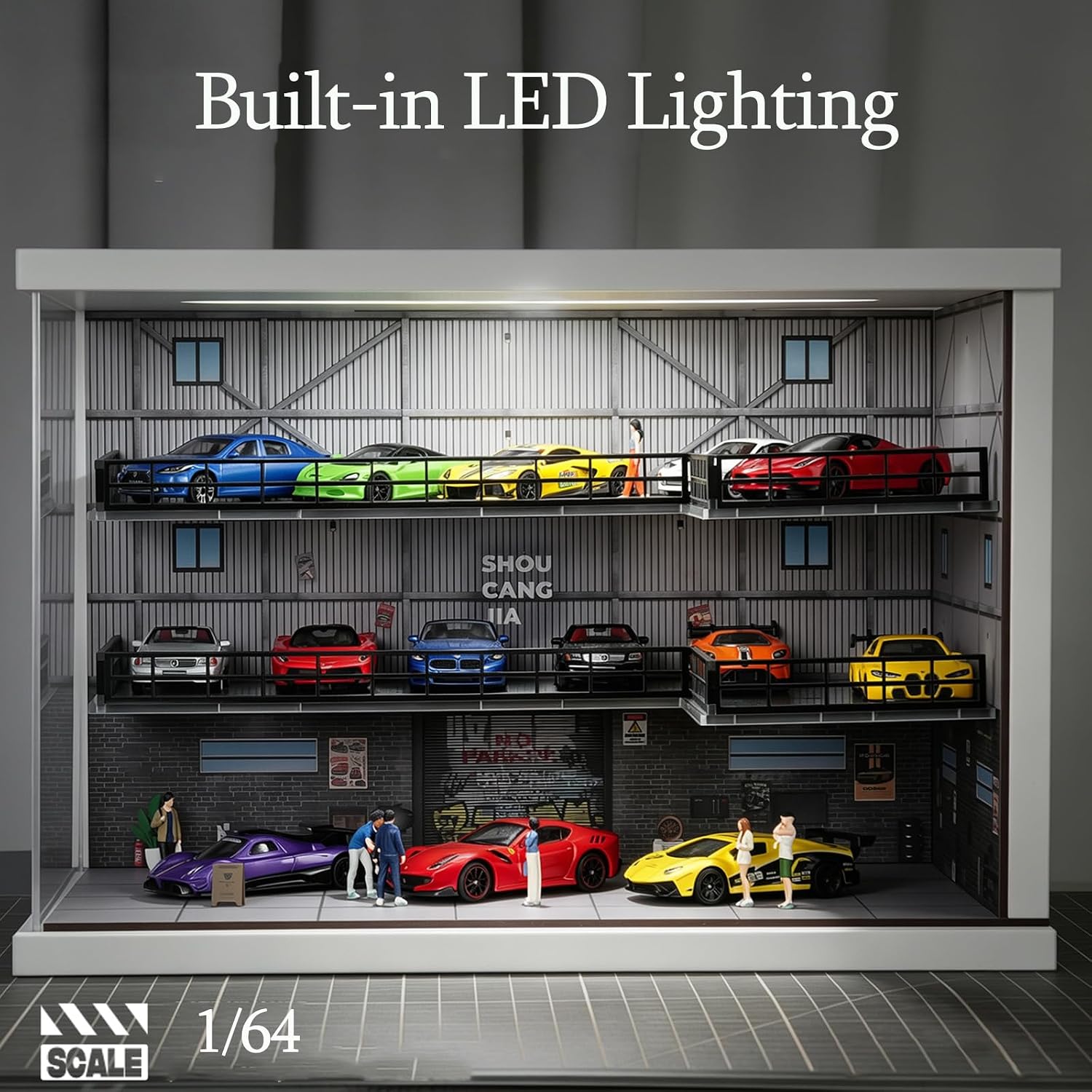 Display Case for Hot Wheels 1/64 Toy Car Diorama Garage with LED Lights
