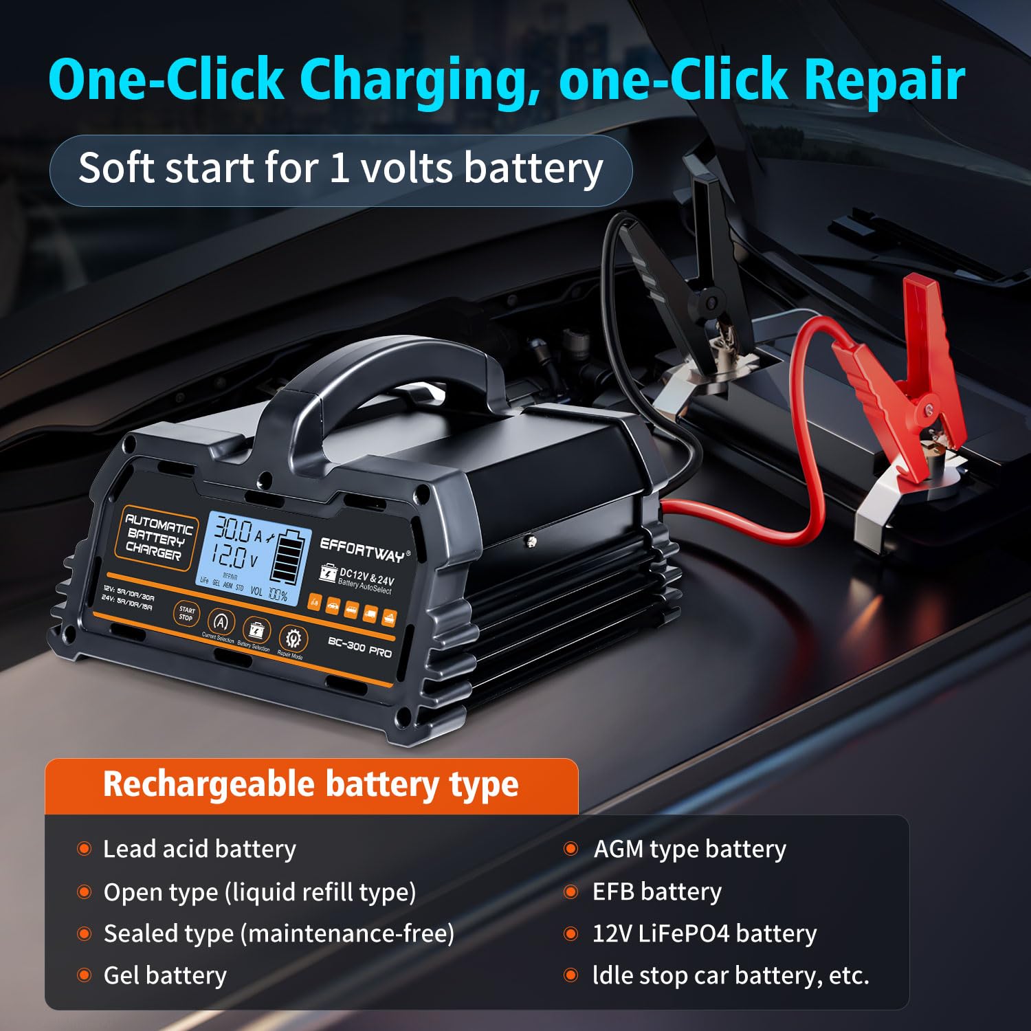 Cargador de batería de 30 A, 12 V/24 V, plomo ácido, 12 V LiFePO4. Cargador de batería inteligente con carga lenta. Mantenedor de batería de coche con pantalla LCD. Adecuado para camiones