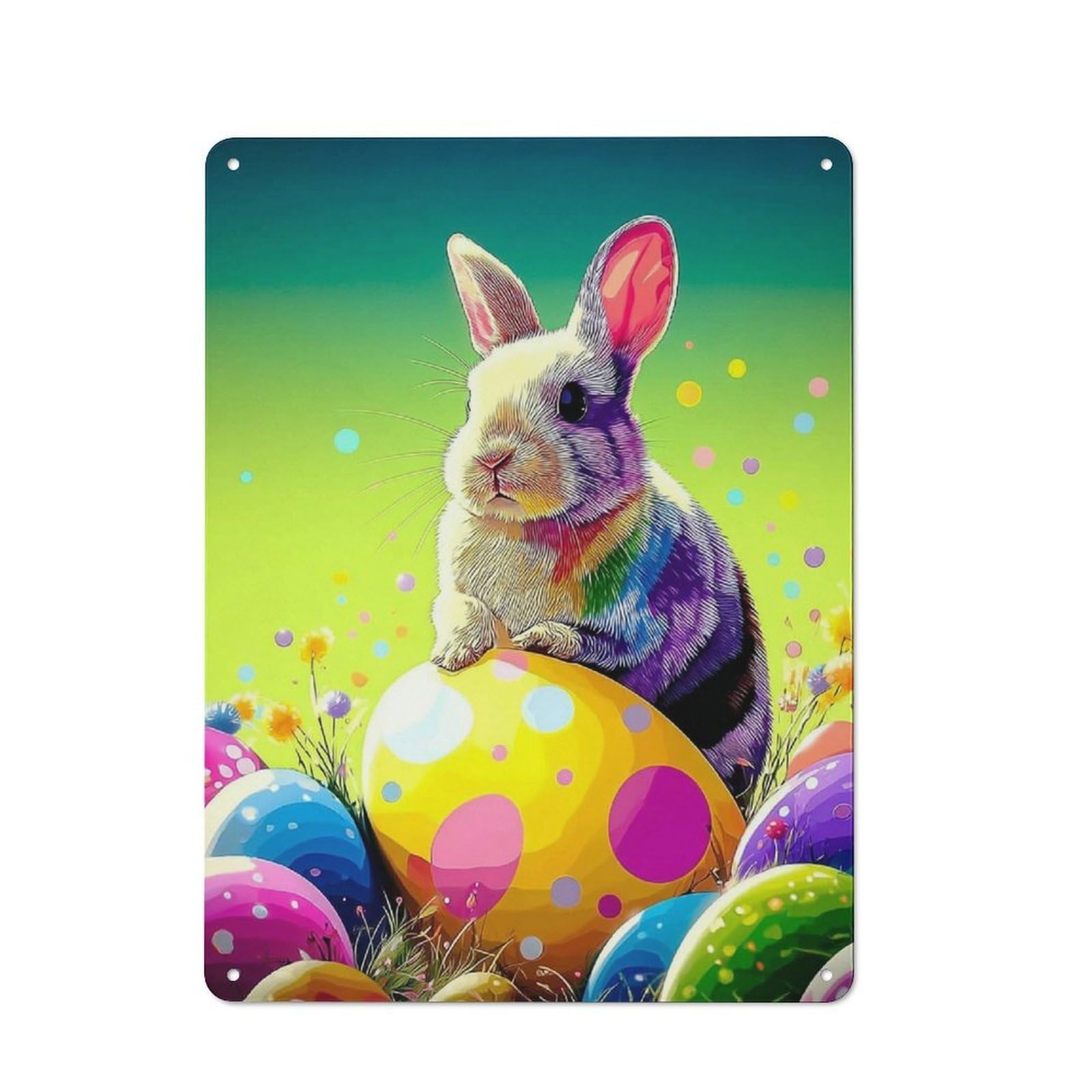 Junmoney Colorful Easter Bunny With Eggs -4 Tin Sign 40X30cm With For Living Room Wall, Rustic Decor, Seasonal Metal Wall Decor For Autumn Interiors