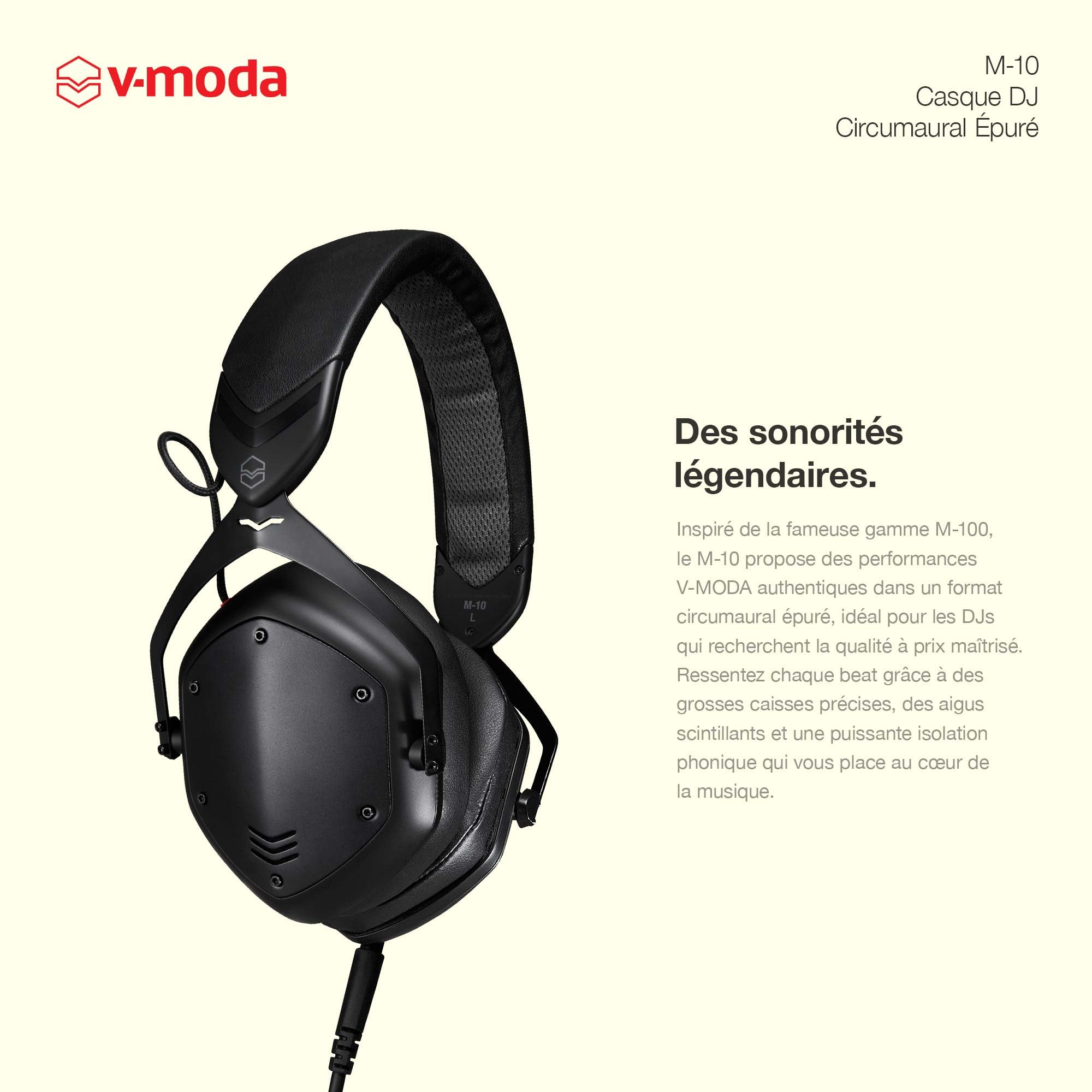 V-Moda M-10 | Casque circumaural épuré pour DJ | Conçu pour Les DJs et Les musiques rythmées | des Basses Profondes avec des aigus clairs | Ecouteurs en Mousse à mémoire de Forme | Structure fermée