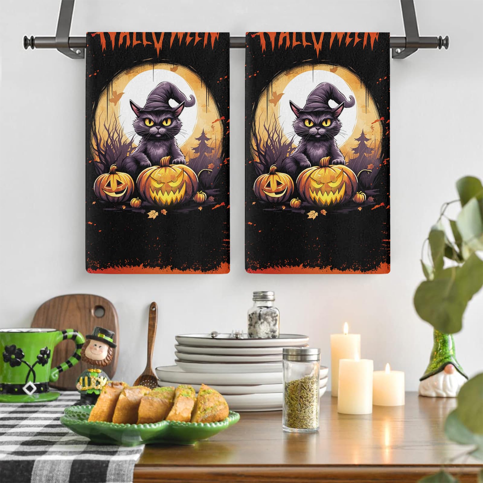 Trapos Cocina Gato Calabaza Negra Paños de Cocina Microfibra Paños Cocina Suaves Lavable Toallas Reutilizables Absorbentes Baño Pañuelo de Mano Trapos de Cocina 2 Piezas (44x74 cm)