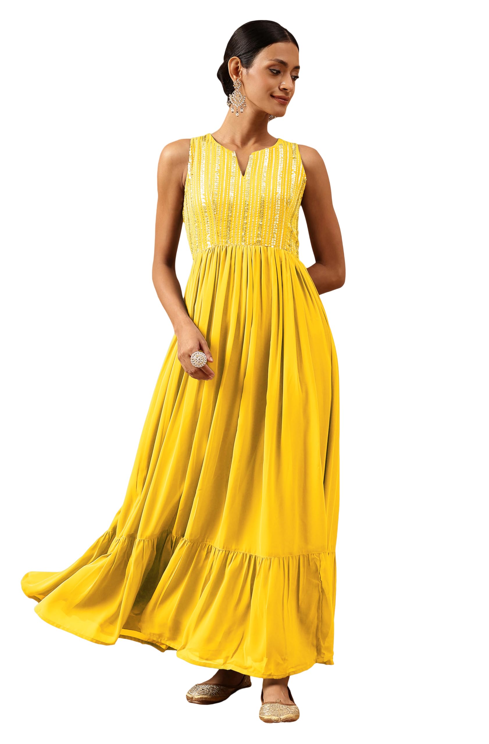 janasya Women's Georgette Sequined Gathered Flared Gown-picture-31