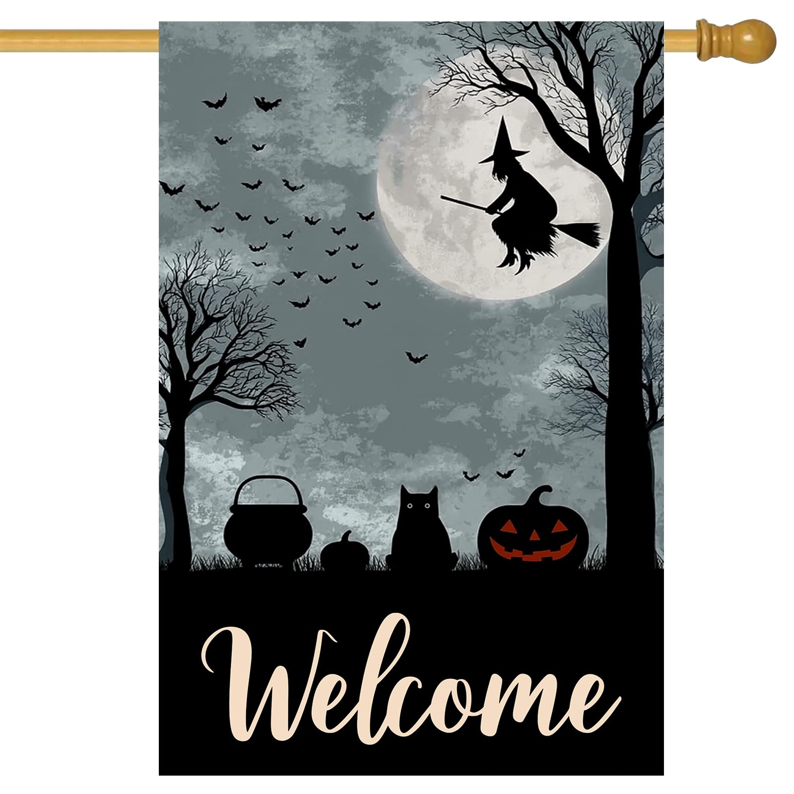 Welcome House Flag Witch on Broomstick Flag 28 x 40 Inch Double Sided Halloween Decorative Fall Garden Flags Banner for Outdoor Porch Yard Decor Seasonal House Flags and Home Display