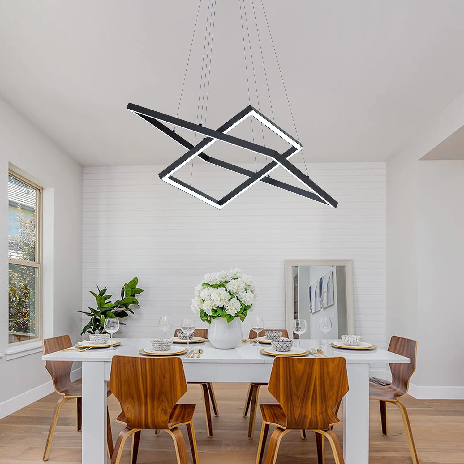 MADEM Modern LED Pendant Light 2 Square Contemporary Chandelier Adjustable Pedant Light Dimmable Pendant Lighting for Living Dining Room,Kitchen Island, 6000K Cool White, 4680LM 72W Black - - 