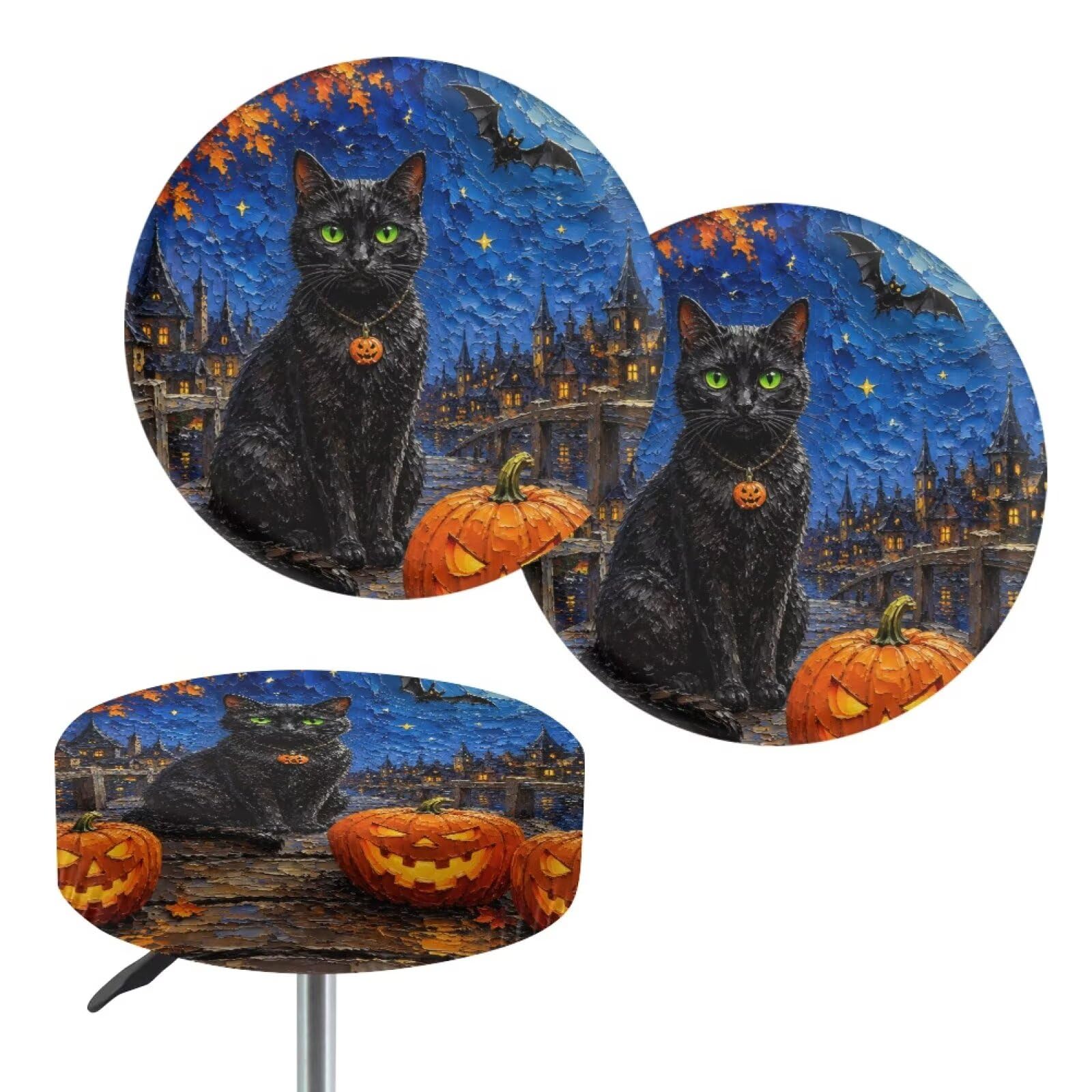 Wanyint Black Cat Pumpkin Night 2 Pack Bar Stool Seat Covers Stretch Round Chair Covers for 13-15 Inch Fashion Vanity Seat Saddle Slipcovers Halloween Home Decor