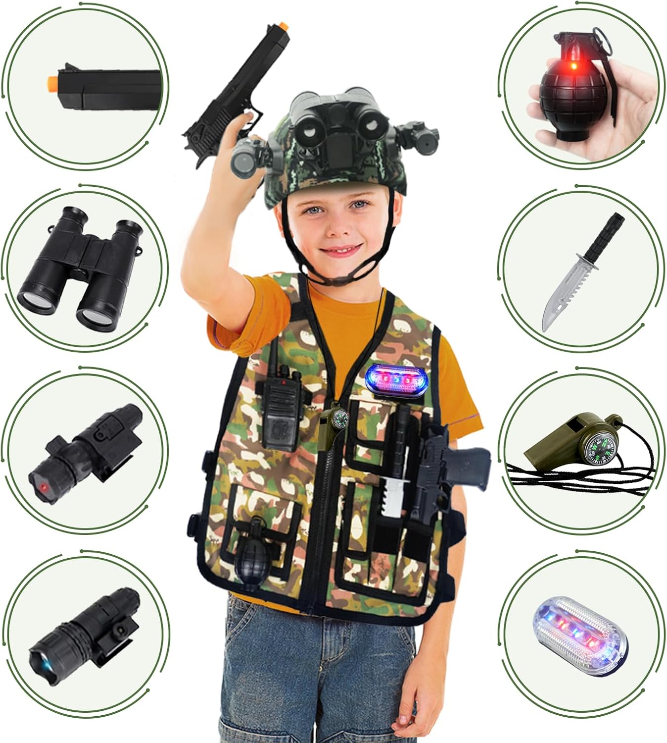 Kids Army Costume Vest with Helmet, Military Toys for Kids, Soldier Role Play Toddler Dress Up Clothes with Soldier Toy, Halloween Costumes for Kid Boys