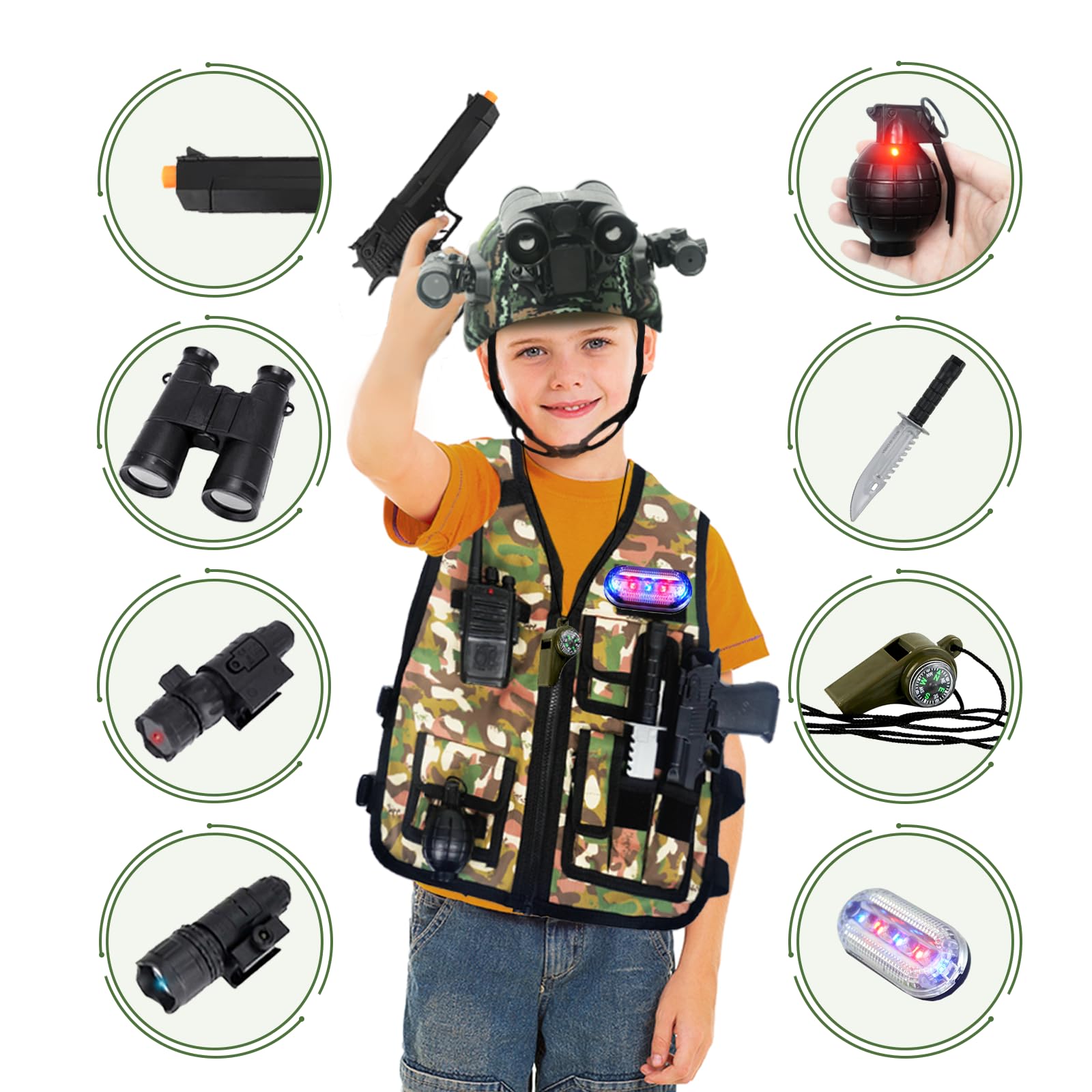 Vestito Militare Bambino, 12Pezzi Giocattolo Accessori Militari con Casco Militare Airsoft, Gilet Mimetica e Walkie-Talkie, Gioco di Ruolo Carnevale Costume Soldato per Ragazzi Ragazze